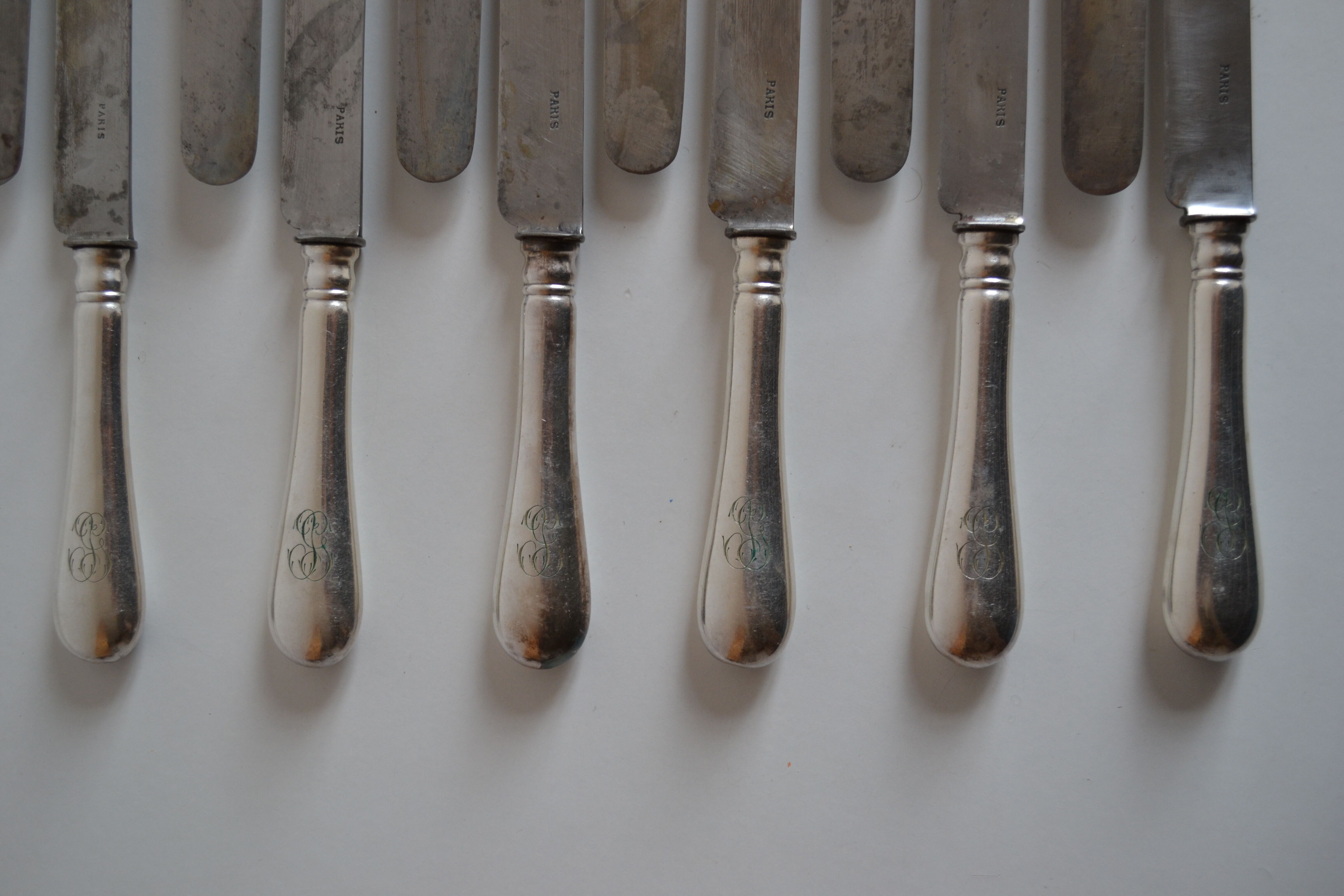 12 antique metal silver monogram table knives