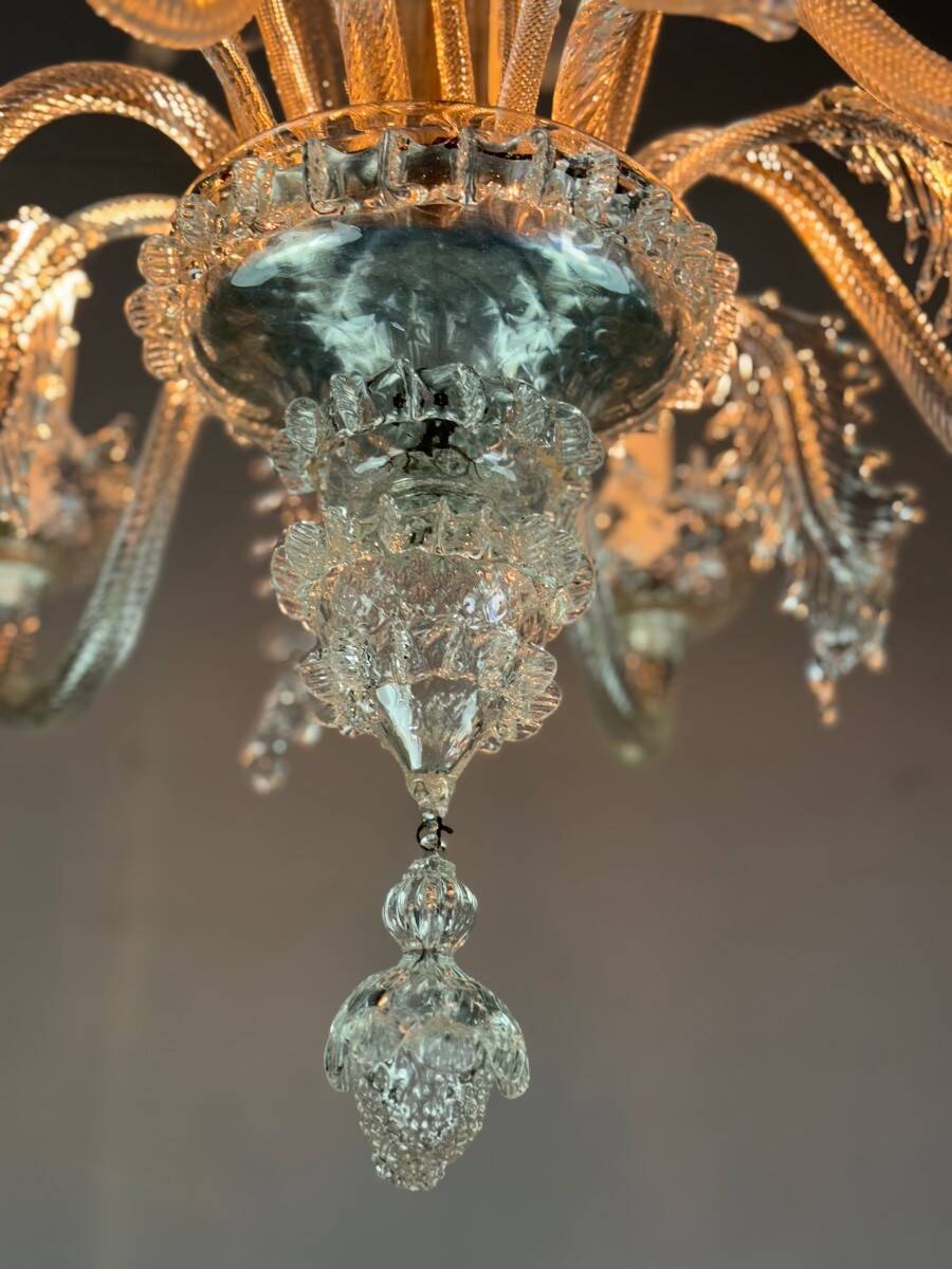 Venetian chandelier in colorless Murano glass with 6 light arms circa 1940