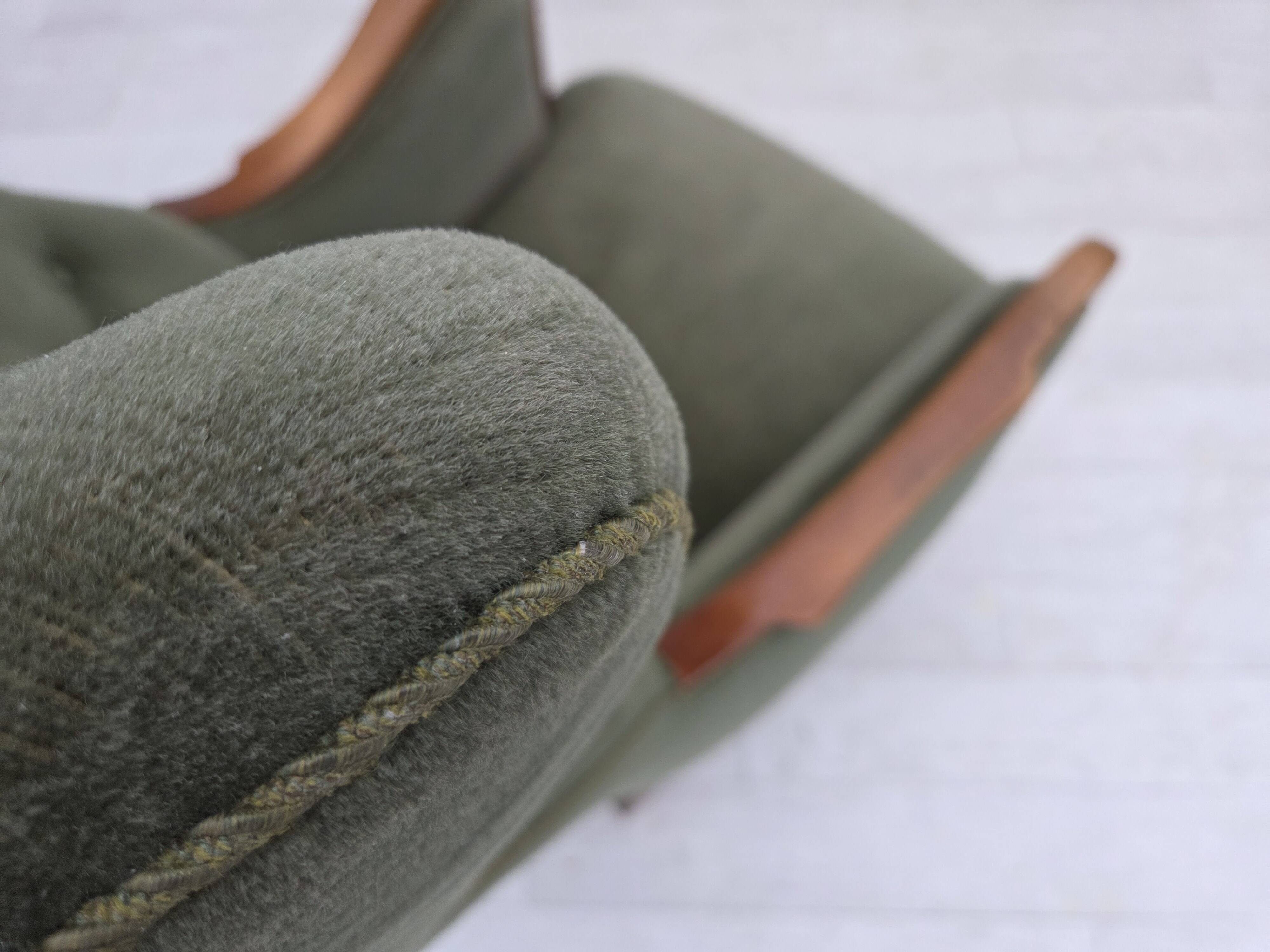 1960s, Danish highback armchair, green furniture velour, teak wood.