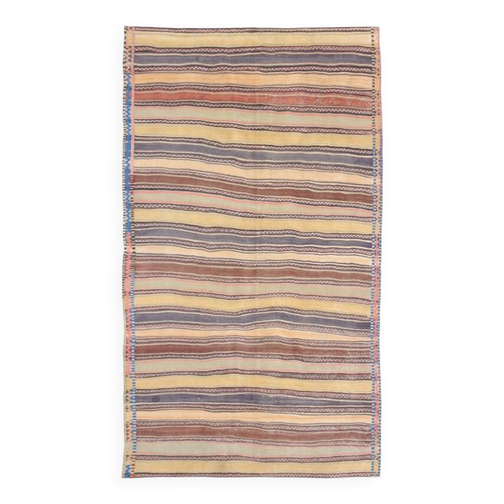 Yellow & Brown Striped Kilim Rug, Turkis Kilim Rug, 152x271Cm