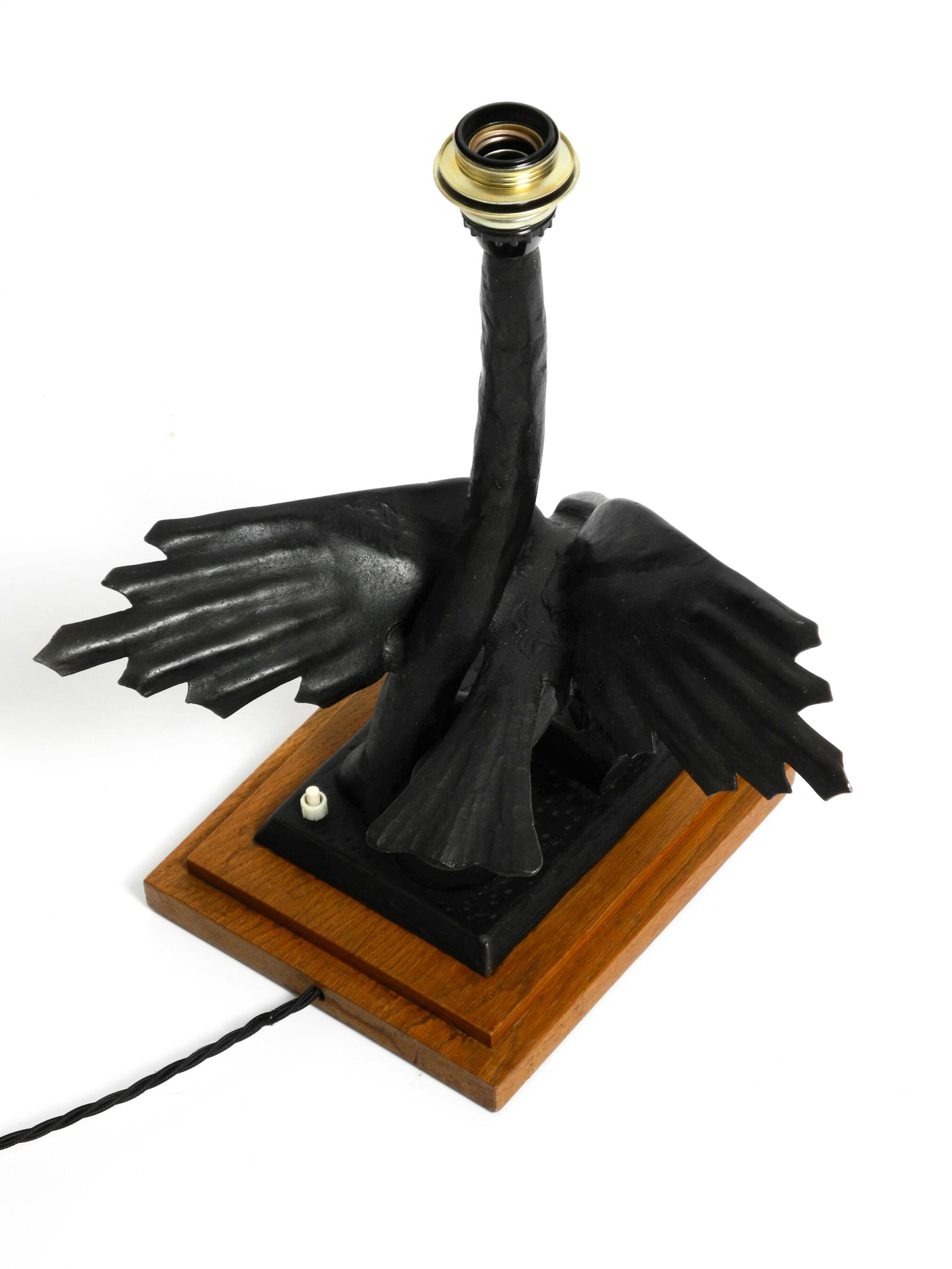 1940s table lamp made of iron in the shape of an eagle, teak wooden base