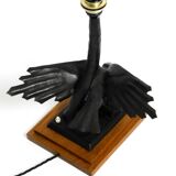 1940s table lamp made of iron in the shape of an eagle, teak wooden base