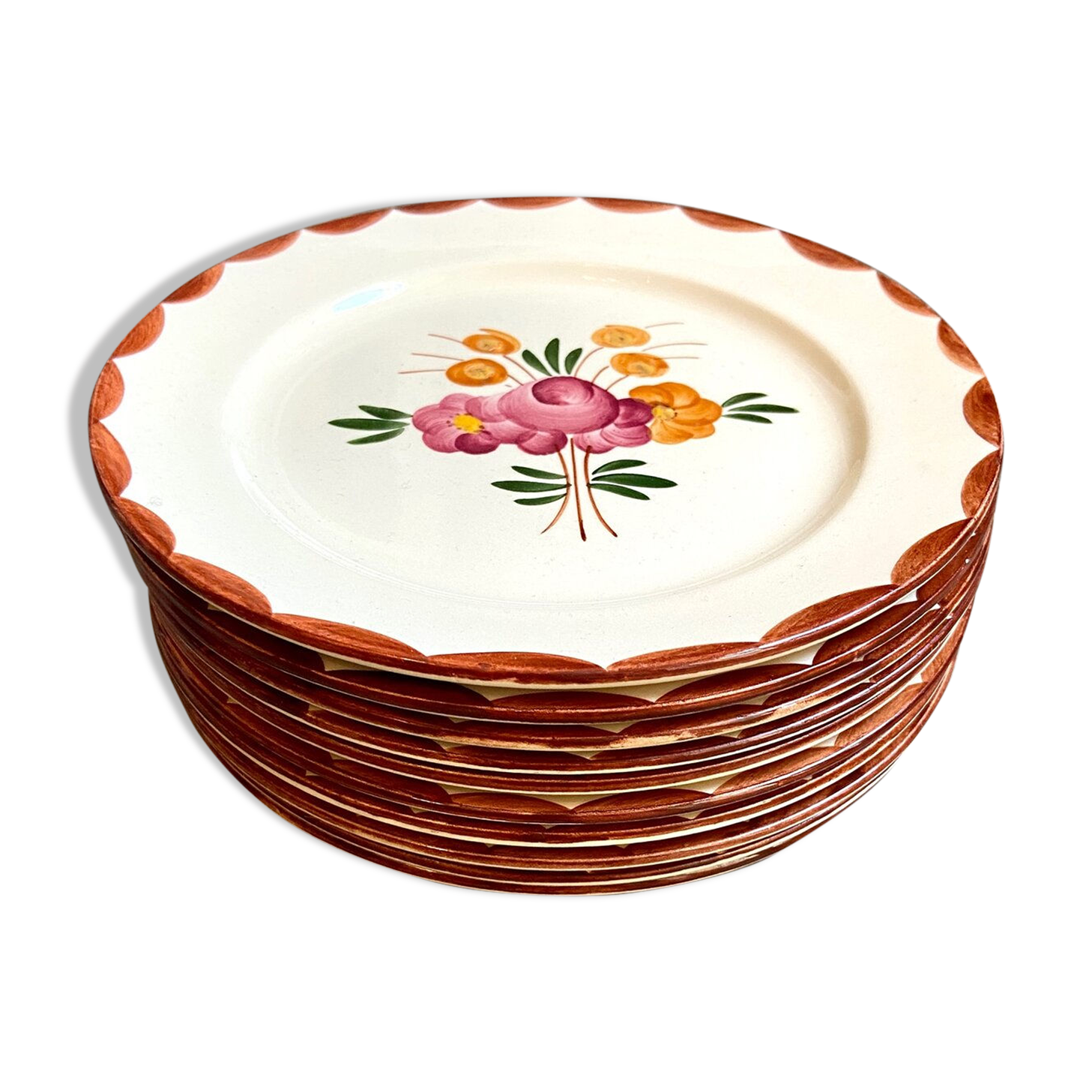 10 hand-painted Longchamp dessert plates, service "Agen" 1950s'