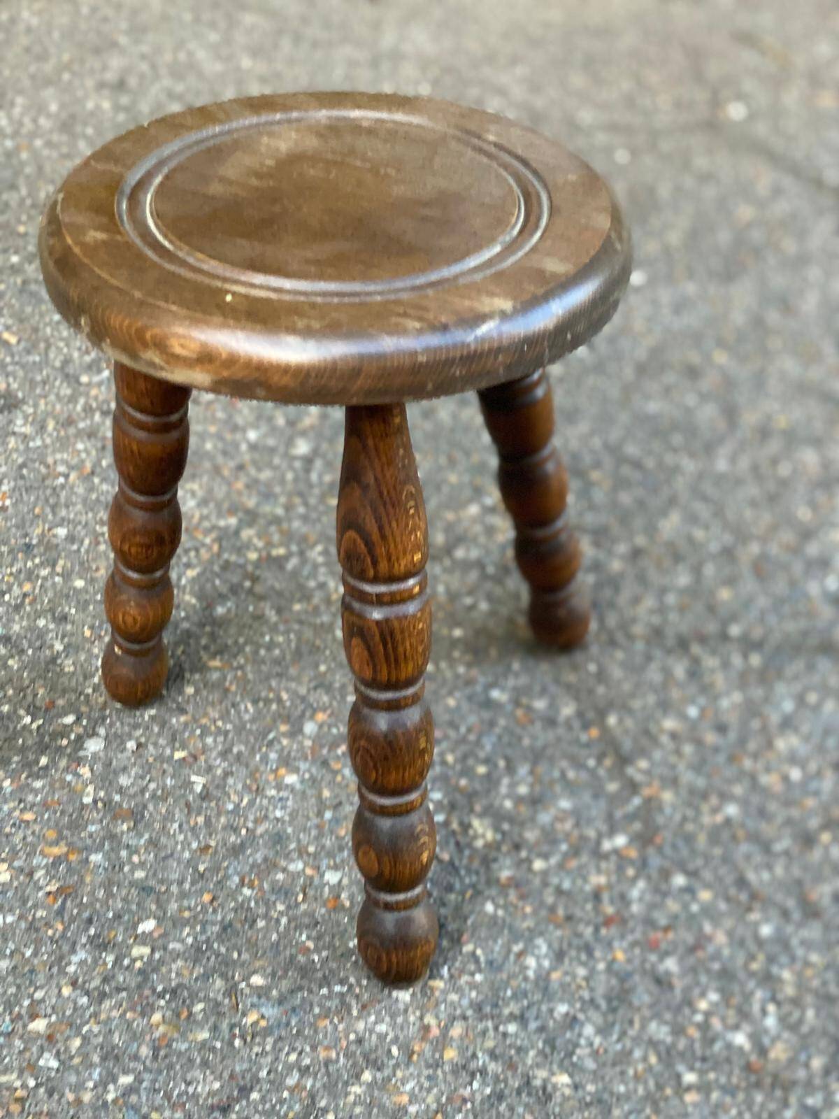 2 tripod stools in turned solid wood, Charles Dudouyt style, 1960.