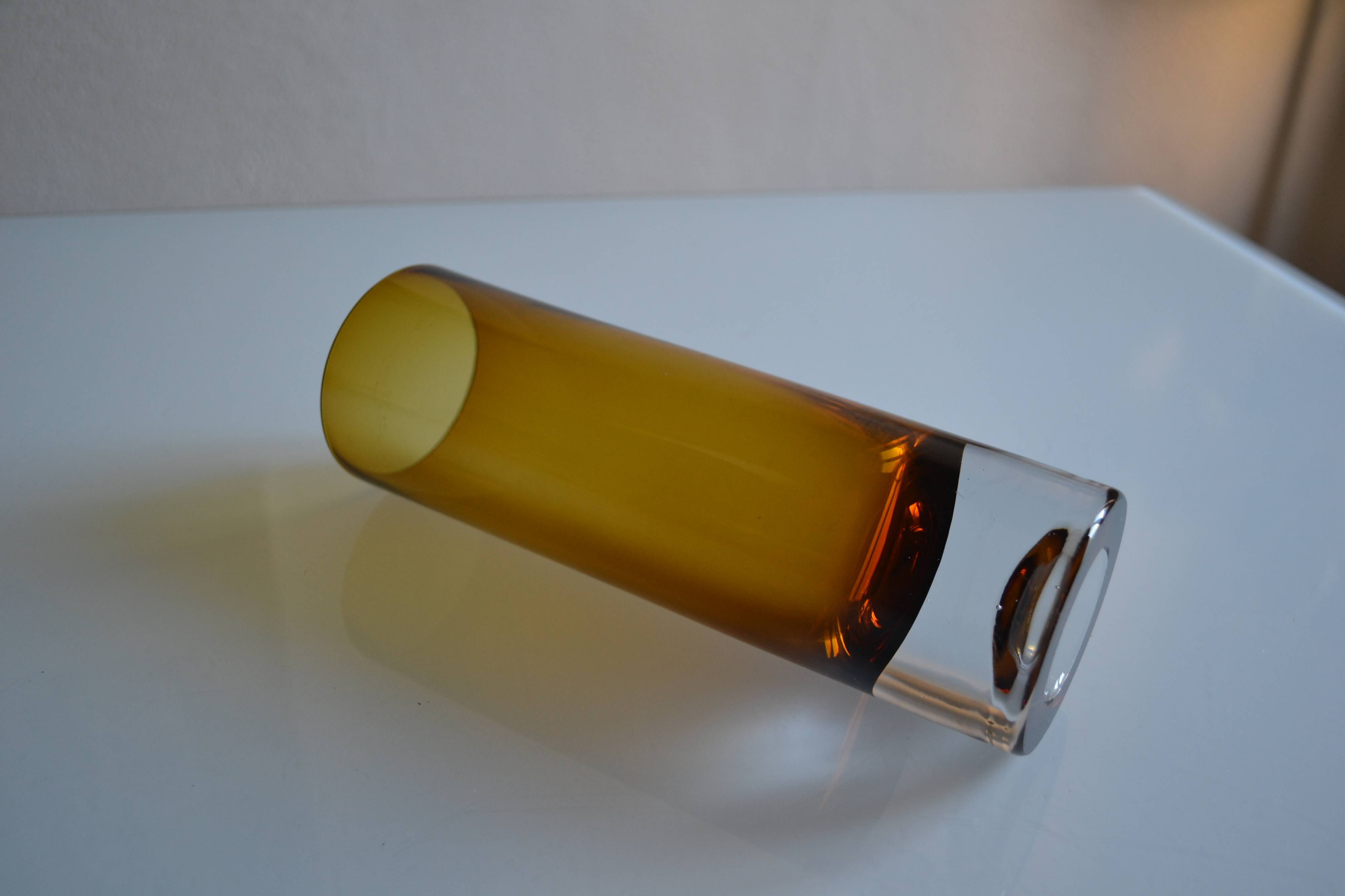 Vintage 70s 1970s roll vase, two-tone amber blown glass