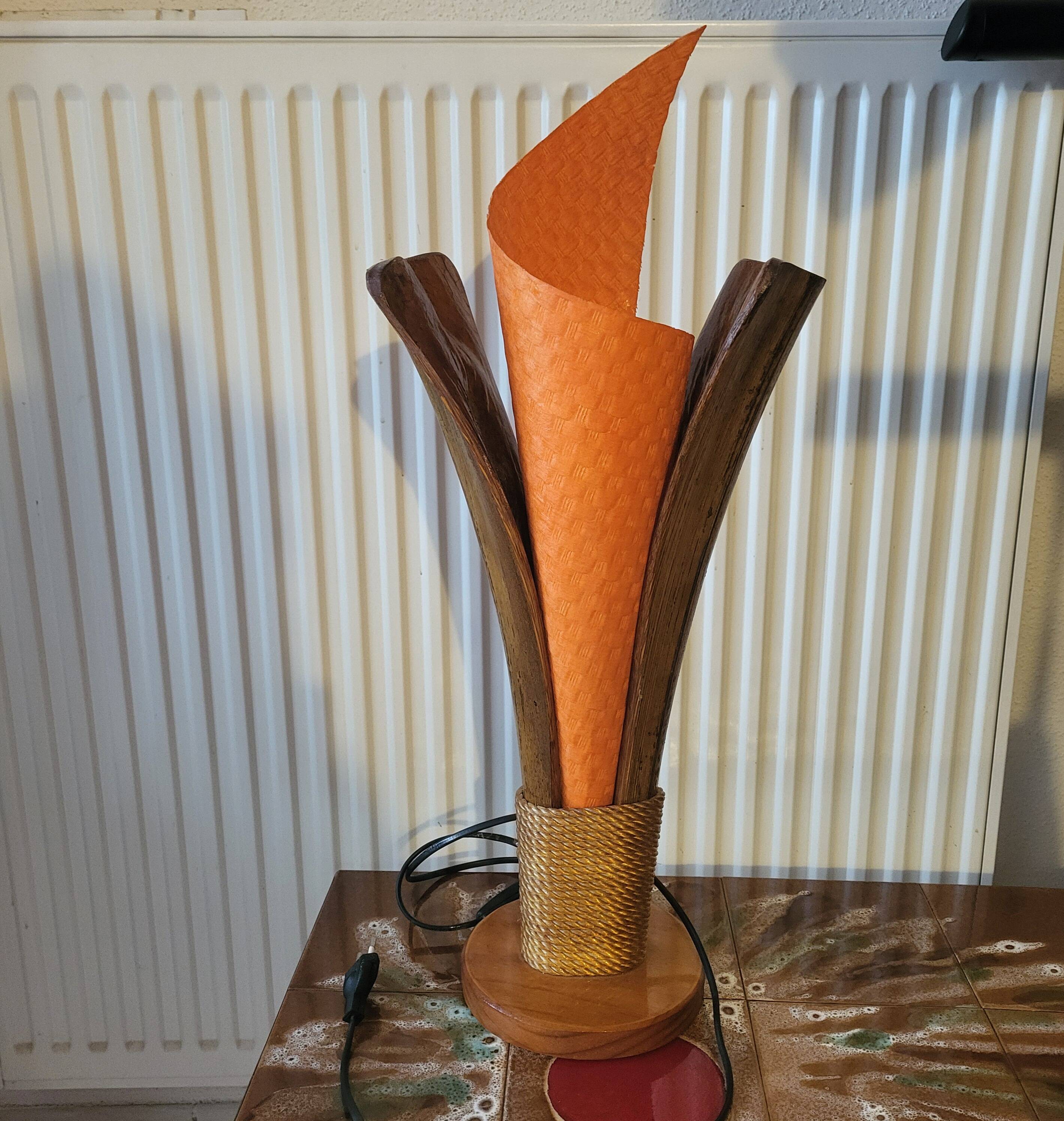 Vintage flame table lamp in palm wood, 1980s