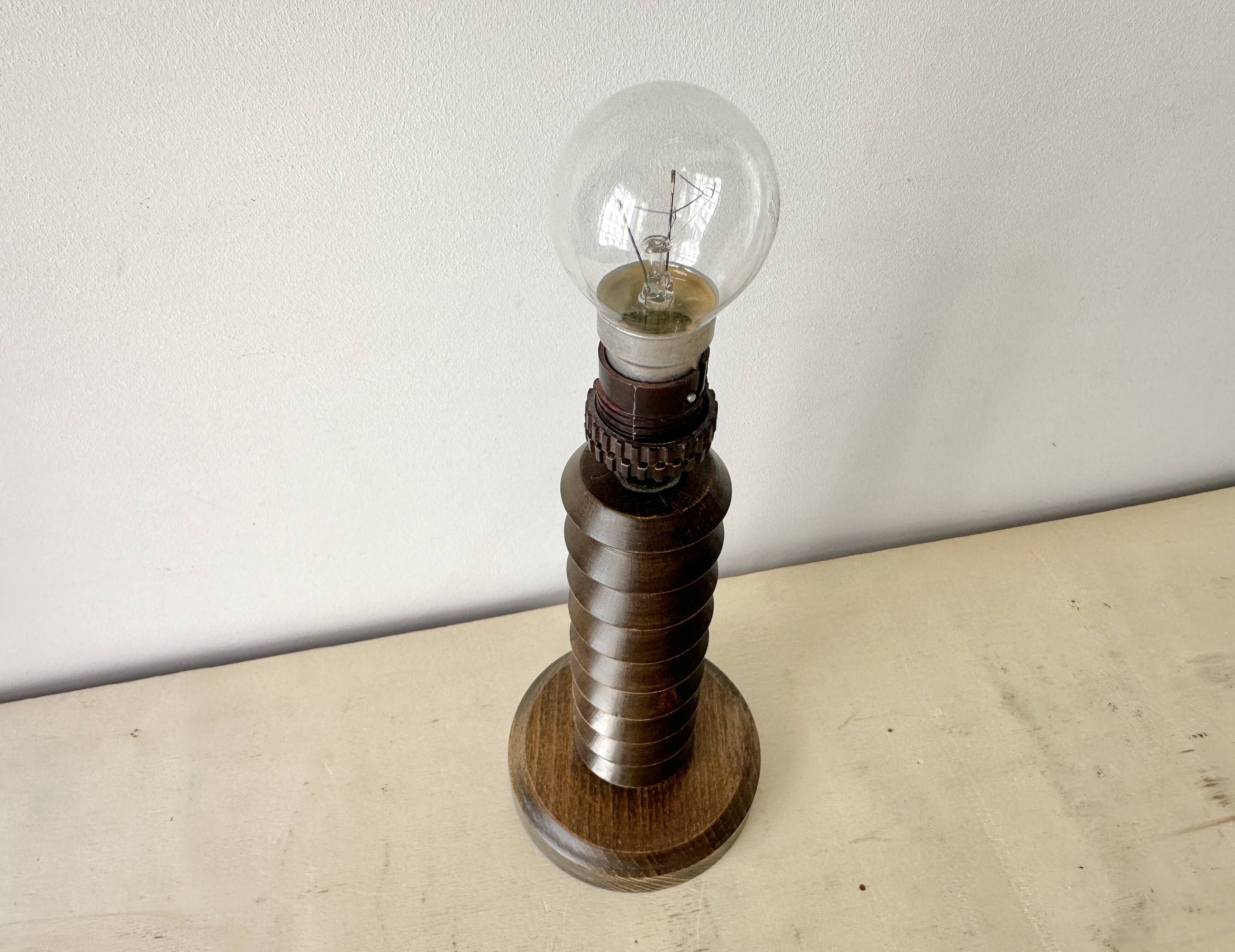 Rustic wooden turned lamp base from the 1950s, vintage rustic lighting.