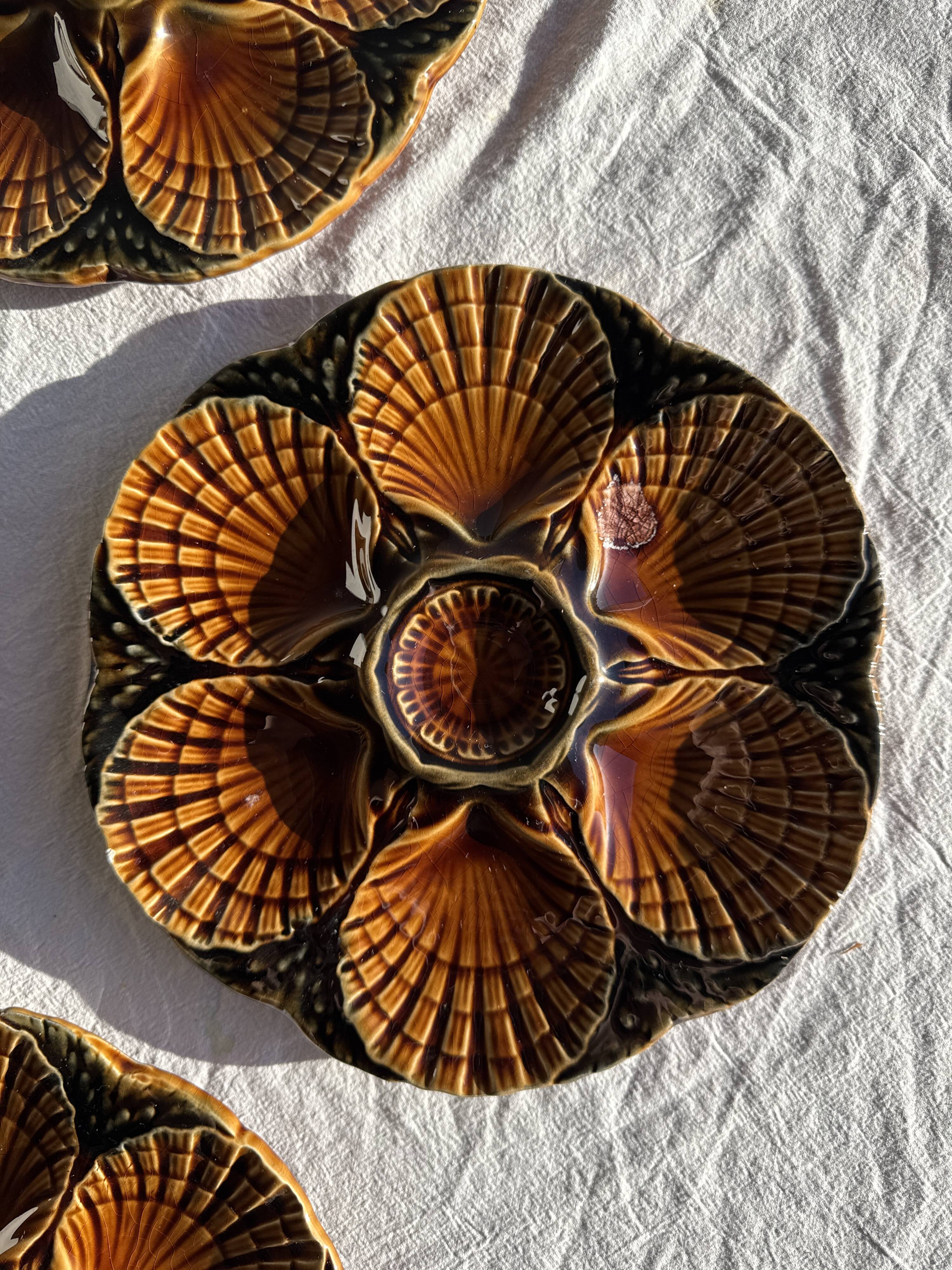 Set of 12 oyster or shell plates in glazed brown ceramic D