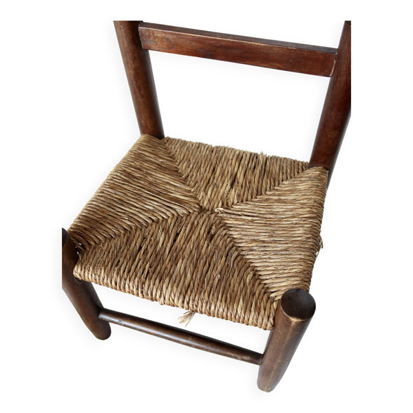 Chaise enfant vintage en bois foncé et assise en paille tressée