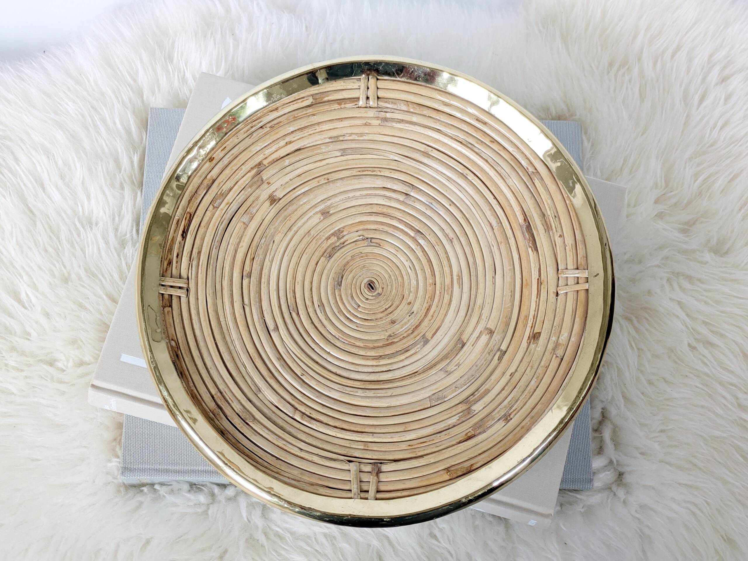 Round rattan and brass bowl, Italy 1970s, Gabriella Crespi style