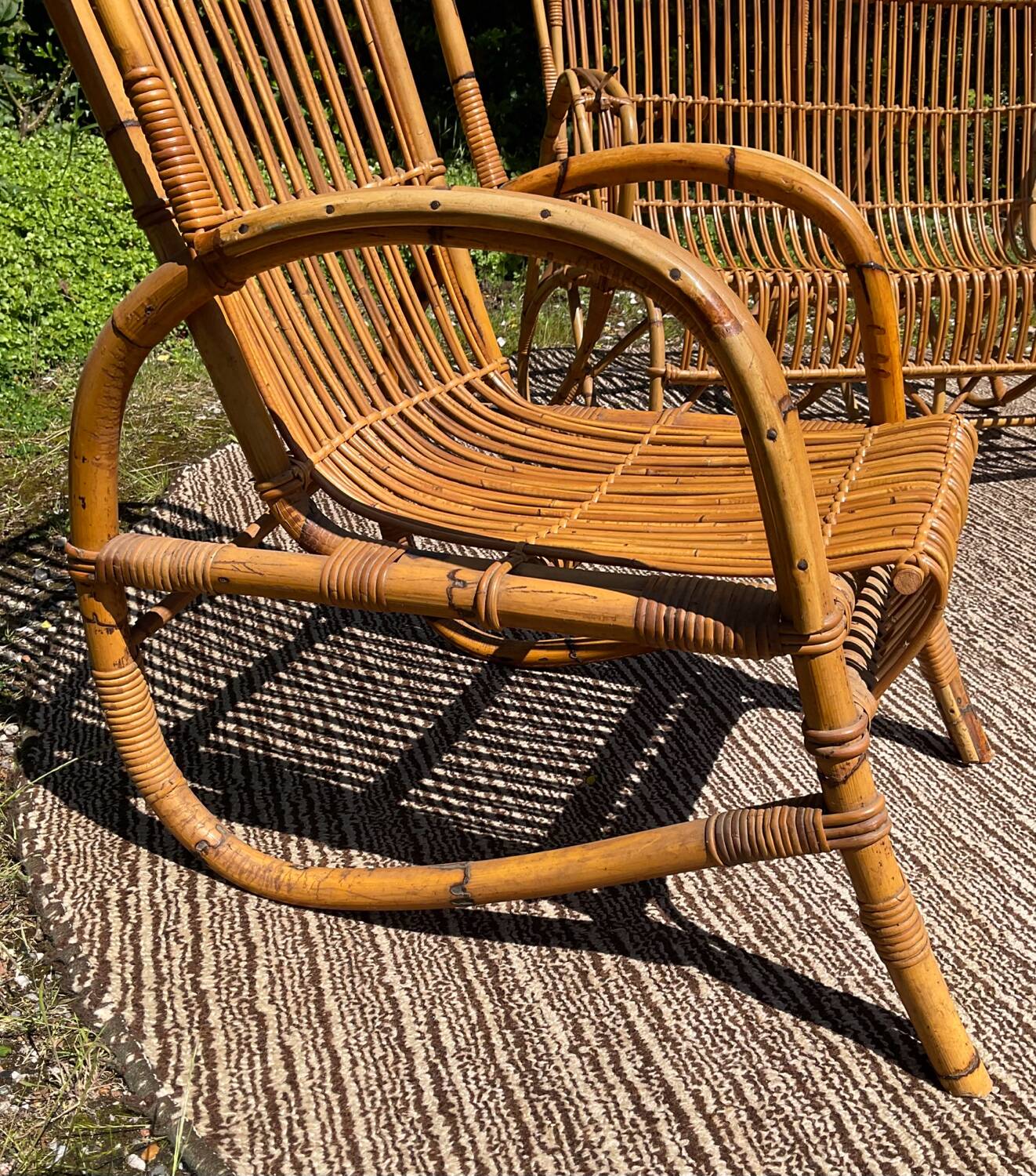 Vintage rattan lounge bench and 2 armchairs