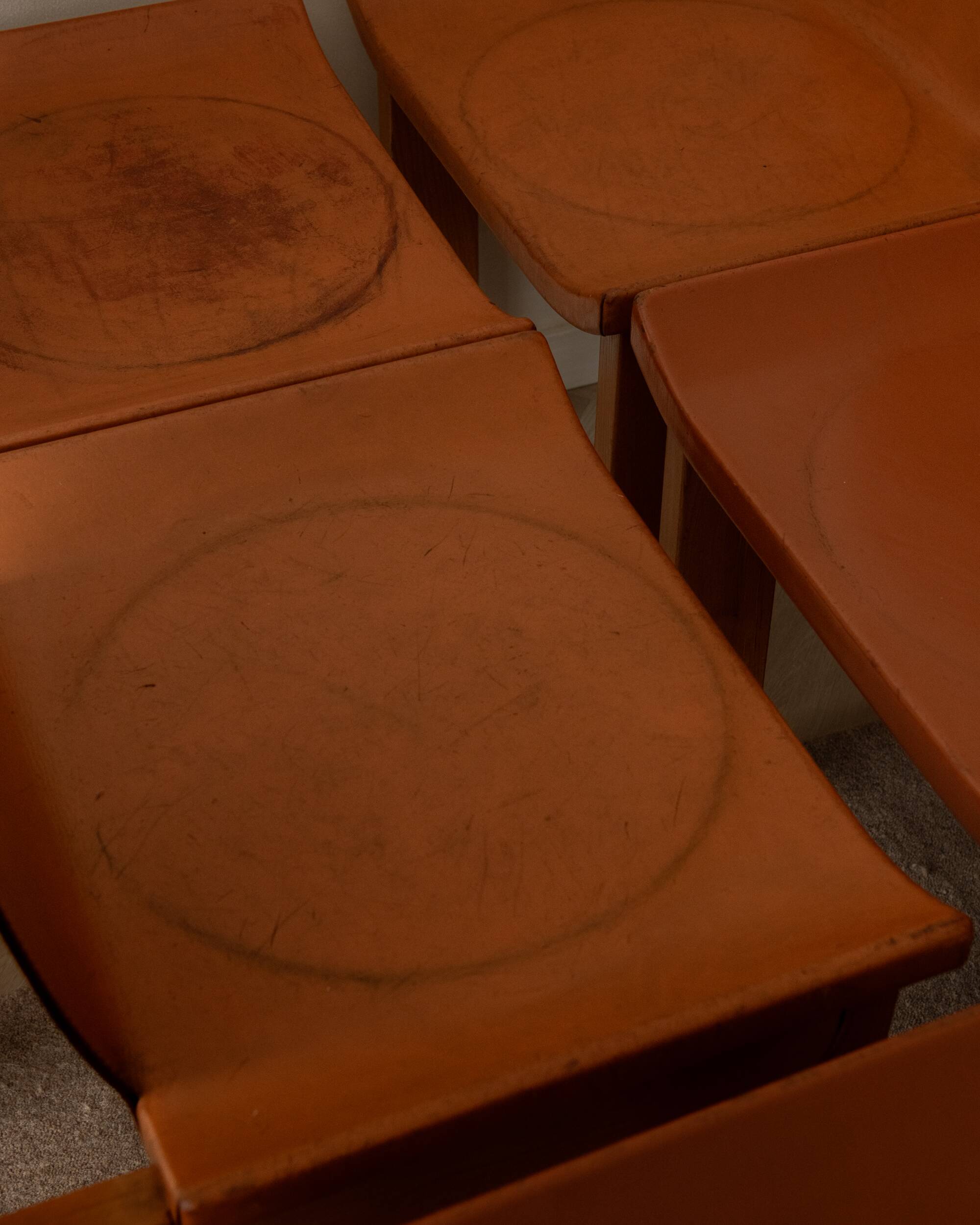 Wood Leather Dining Chairs Luigi Gorgoni Roche Bobois, 1970s, Set of 7