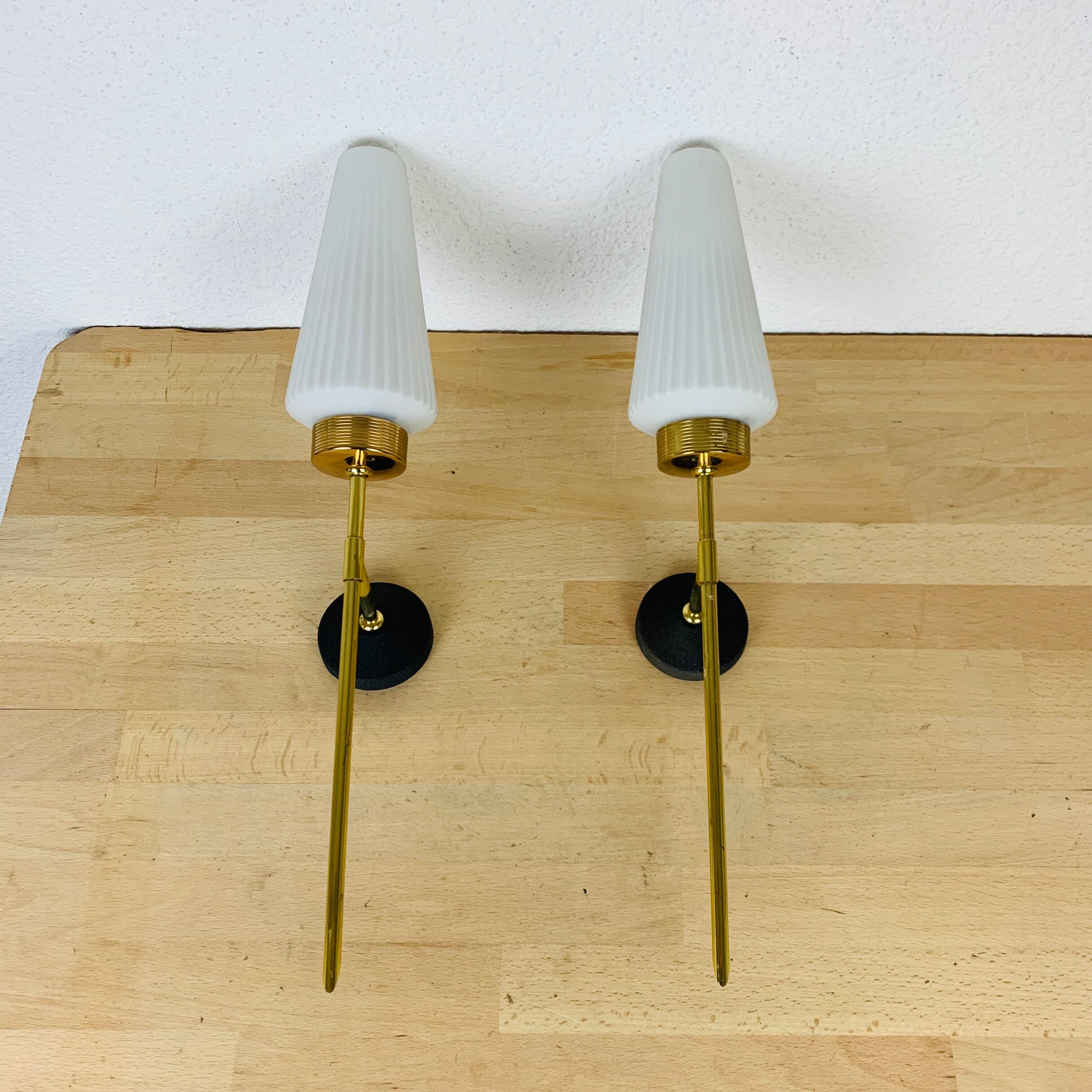 Pair of brass and opaline Lunel sconces, Arlus 50s