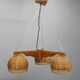 1970s Czechoslovakian rattan & pine pendant light, three-shade chandelier