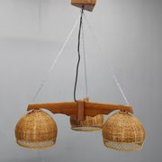 1970s Czechoslovakian rattan & pine pendant light, three-shade chandelier