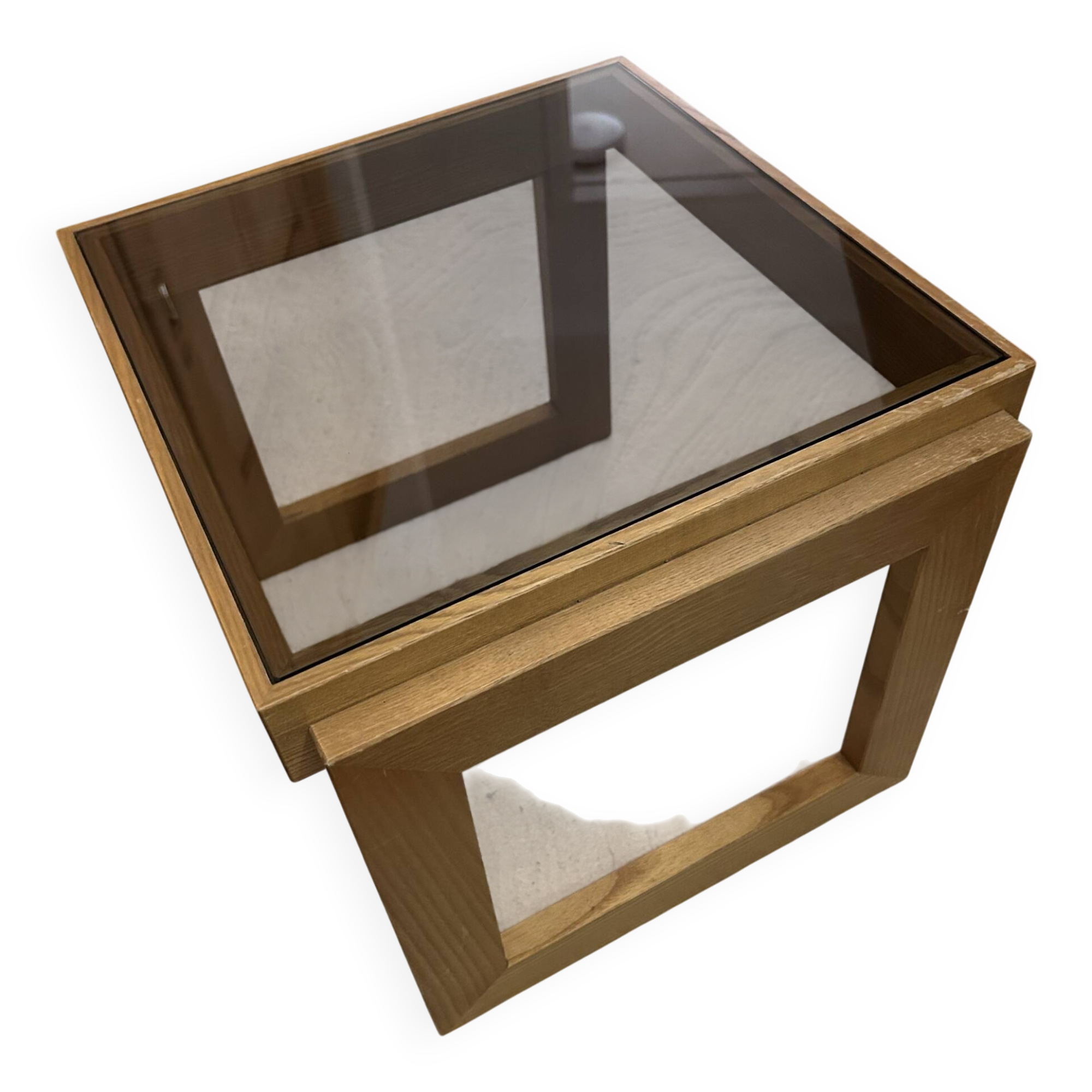 Modernist side table in wood and smoked glass