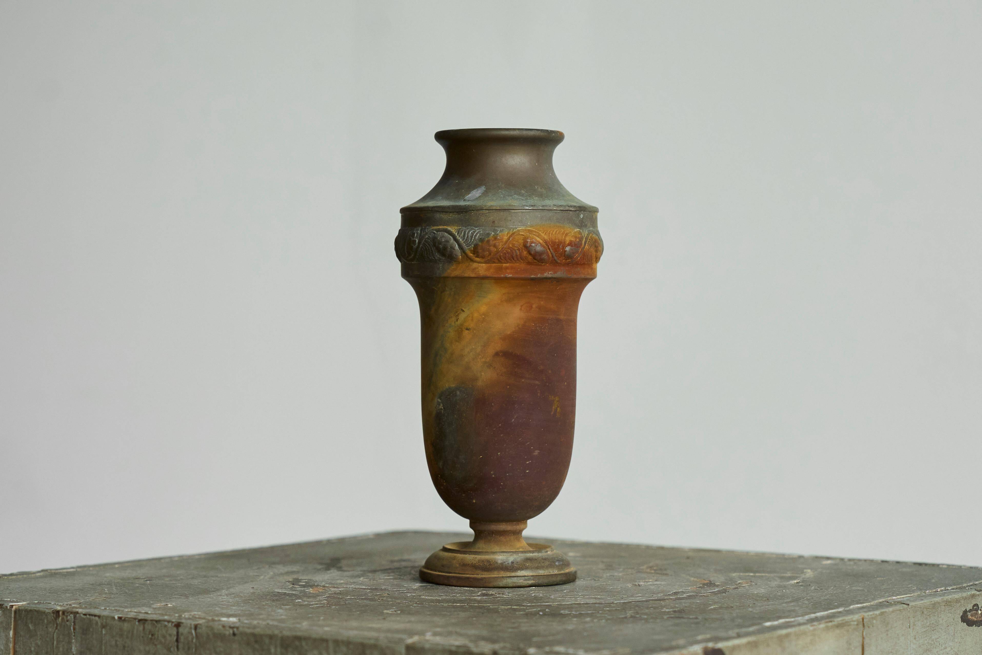 Art Deco vase in patinated metal, unique Wabi-Sabi piece.