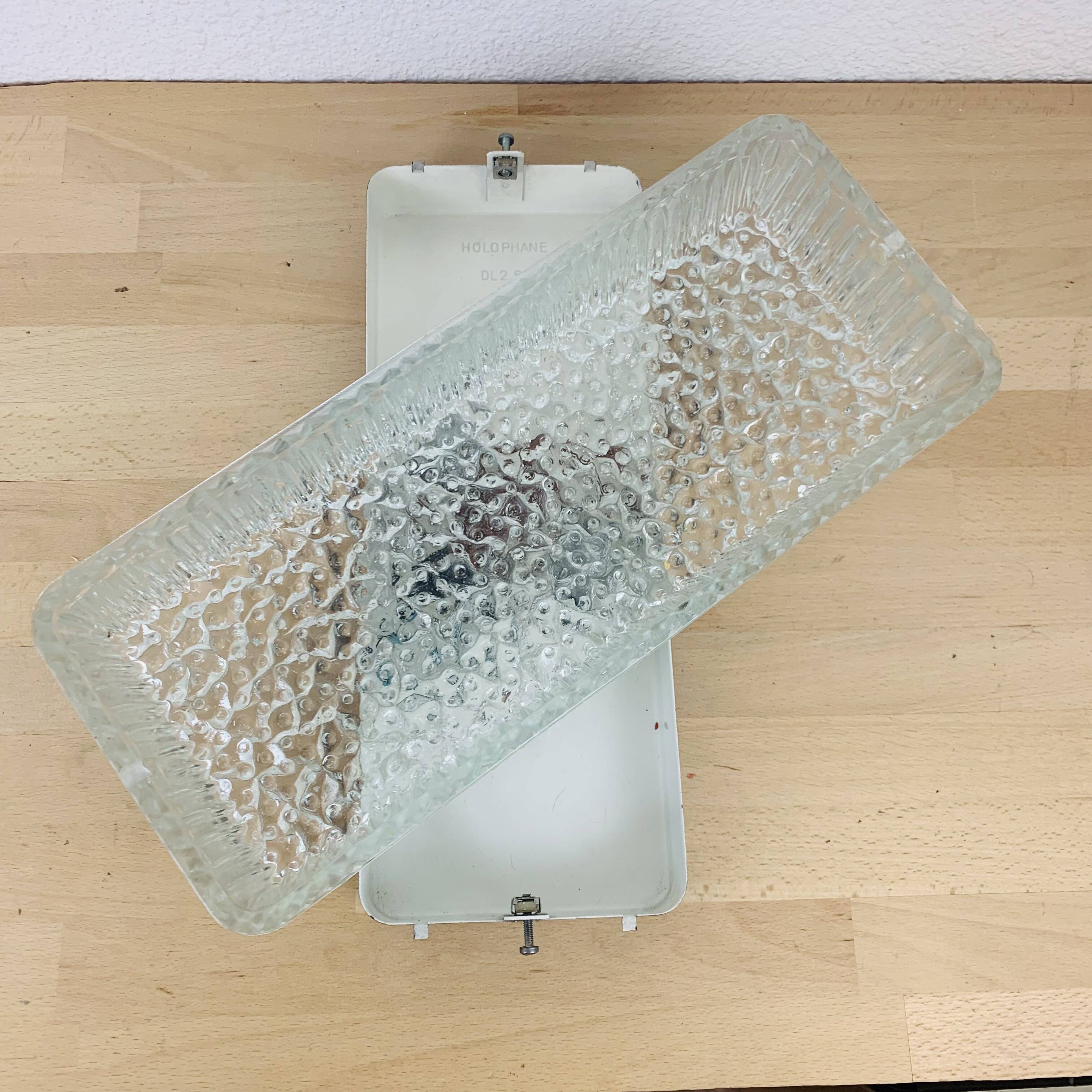 Holophane rectangular wall light in chiseled glass from the 60s