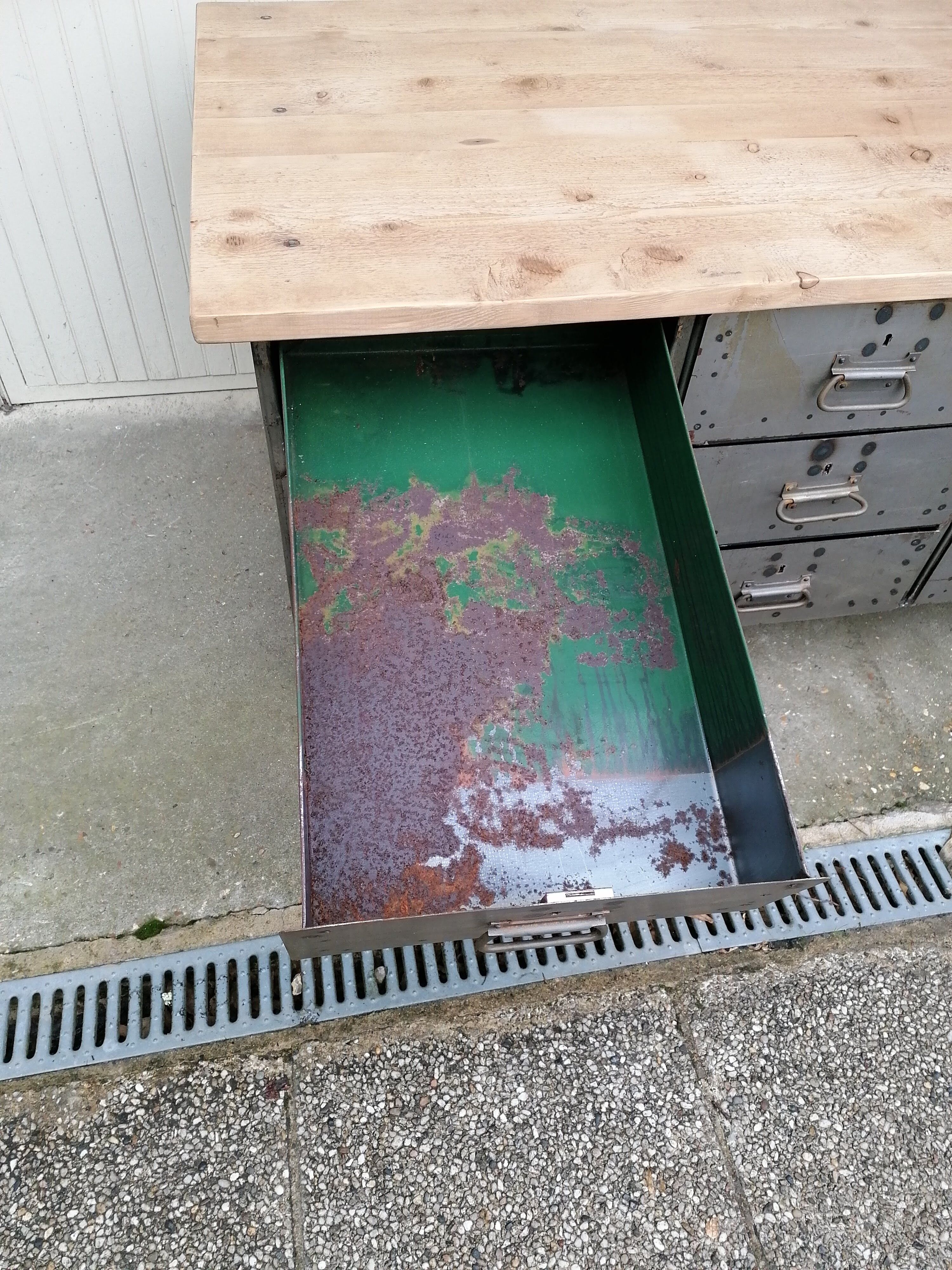 Antique workshop workbench, vintage, metal and wood