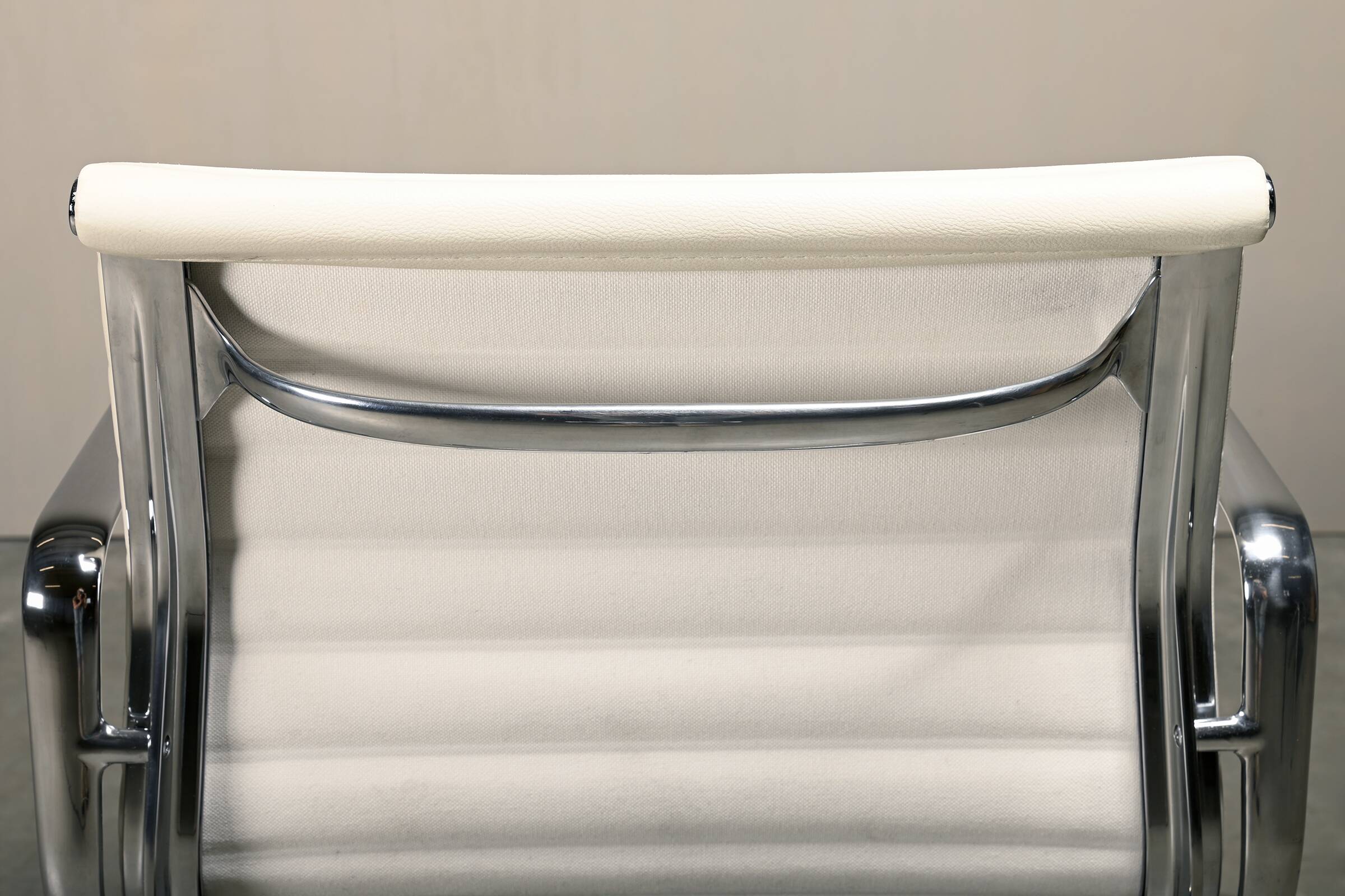 Charles & Ray Eames EA108 Dining Chair in Polished Aluminum and White leath