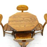 French Modern 3-Legged Chairs & Table in Solid Oak, 1970s
