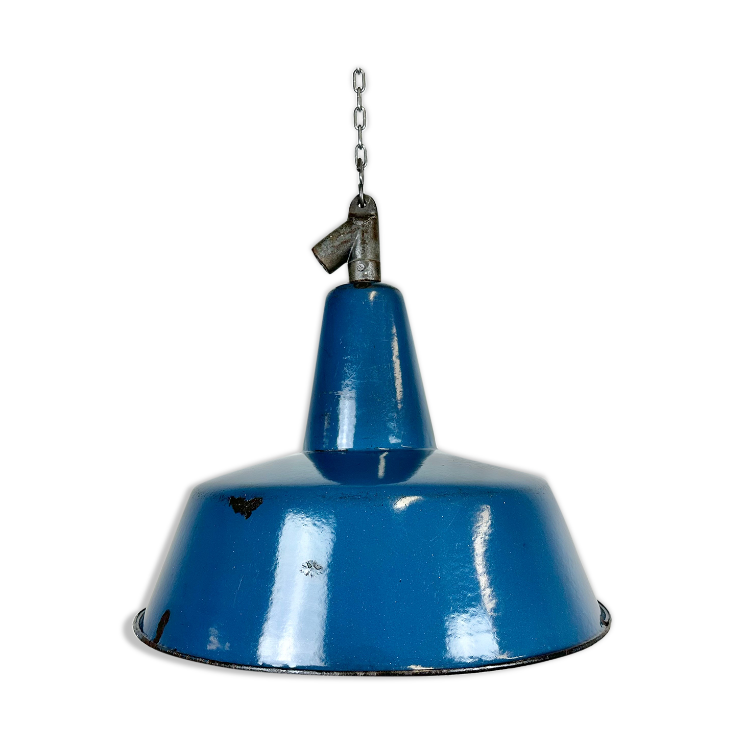Industrial blue enamel factory lamp with cast iron top, 1960s