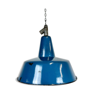 Industrial blue enamel factory lamp with cast iron top, 1960s