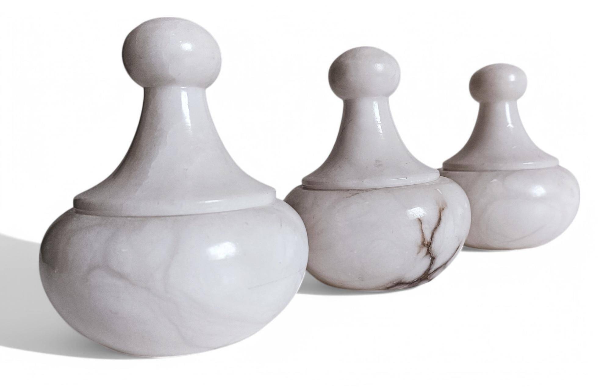 Art Deco Alabaster Set of Three Lidded Urns, Hand-Carved in Spain