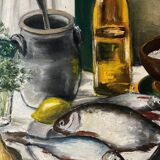 HST table "Composition with fish" ec. XX° signed