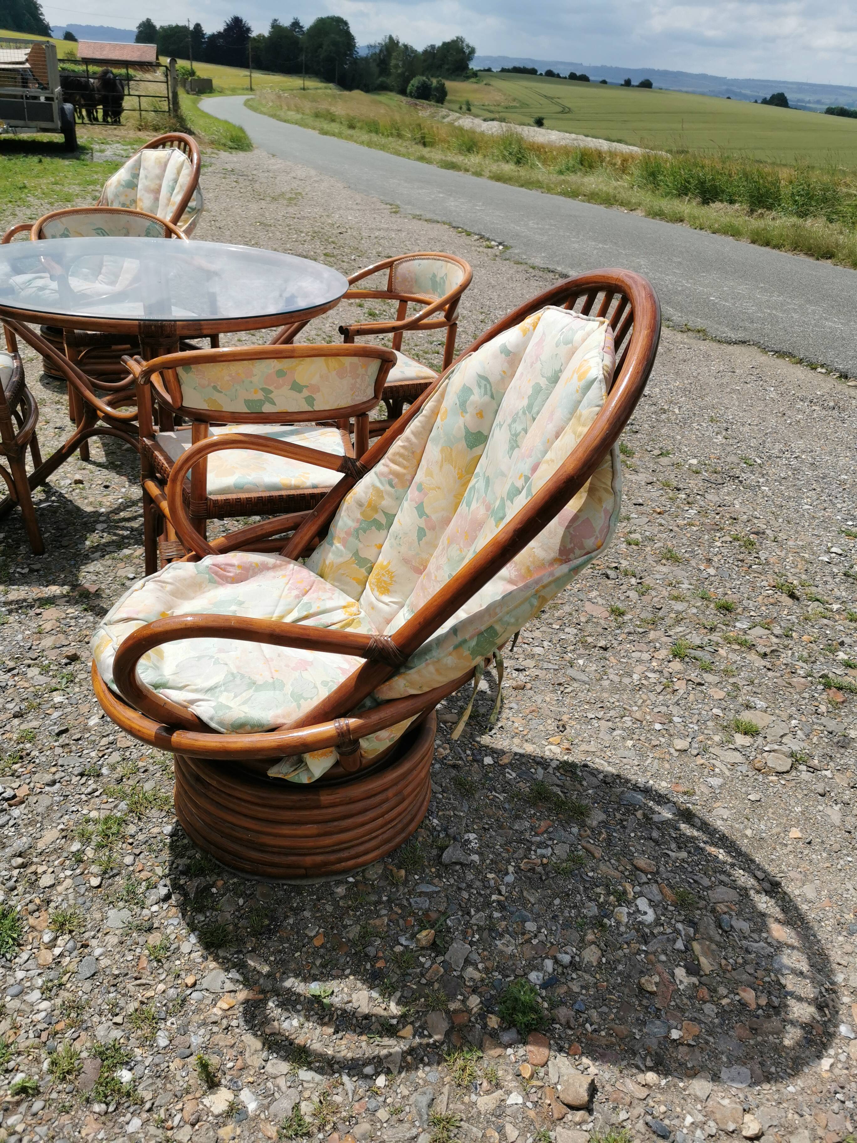 Rattan garden furniture, table, chairs and armchairs