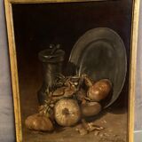 Oil painting on canvas signed J. Fleury-Bin Still Life with pewter and onions