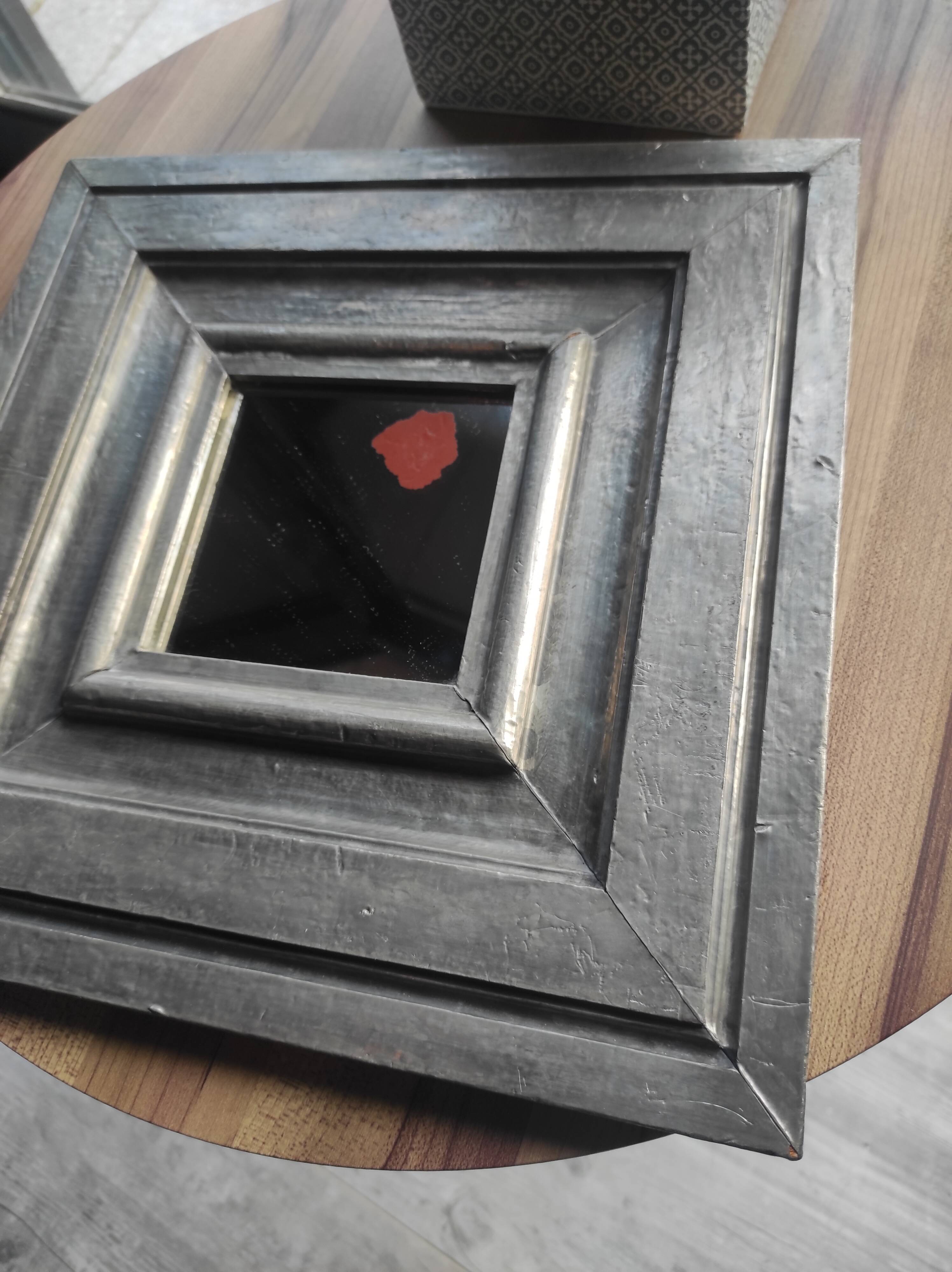 Vintage square mirror in wood covered with metal leaf, moldings in relief