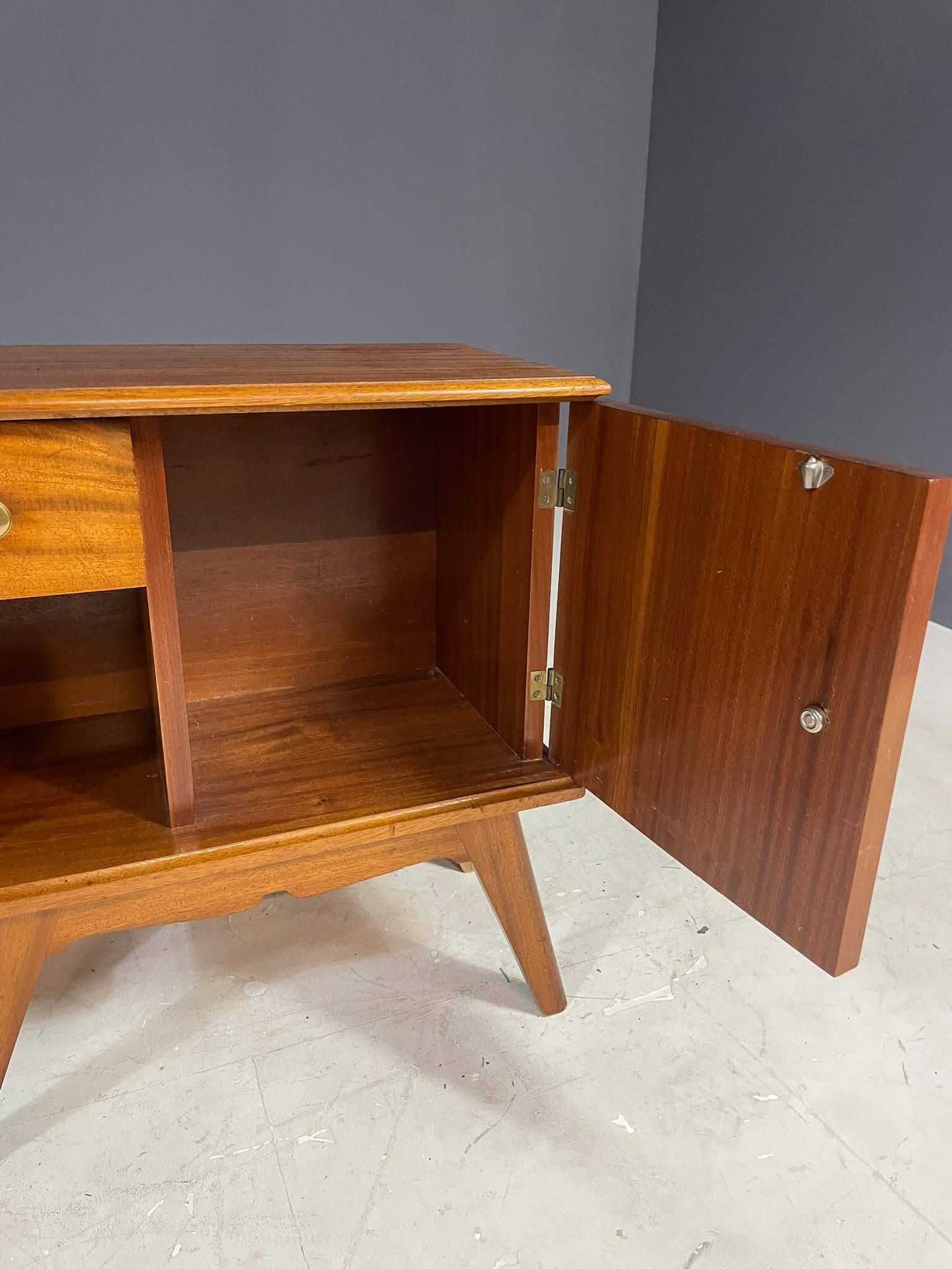 Pair of vintage mid-century modern wooden bedside tables / nightstands