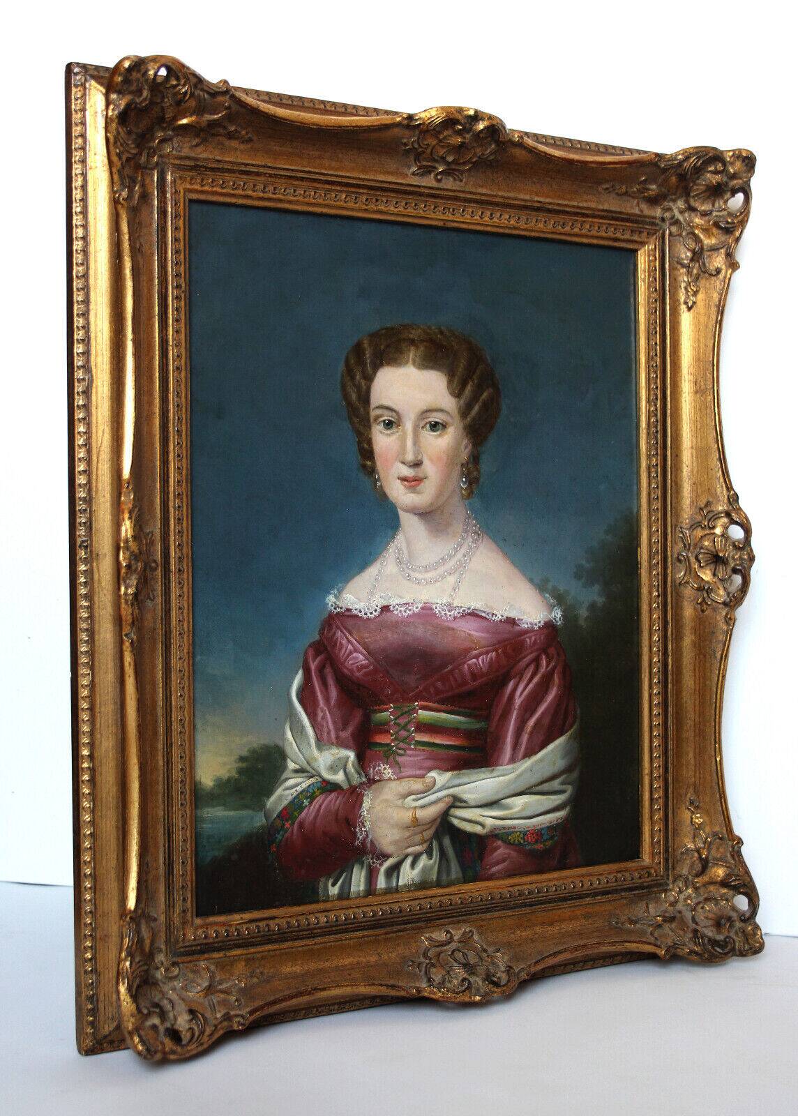 Elegant 19th-Century Portrait of a Lady – Oil on Canvas, Gilded Frame