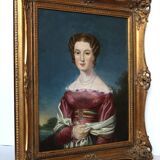 Élégant portrait de dame du XIXe siècle – Huile sur toile, cadre doré