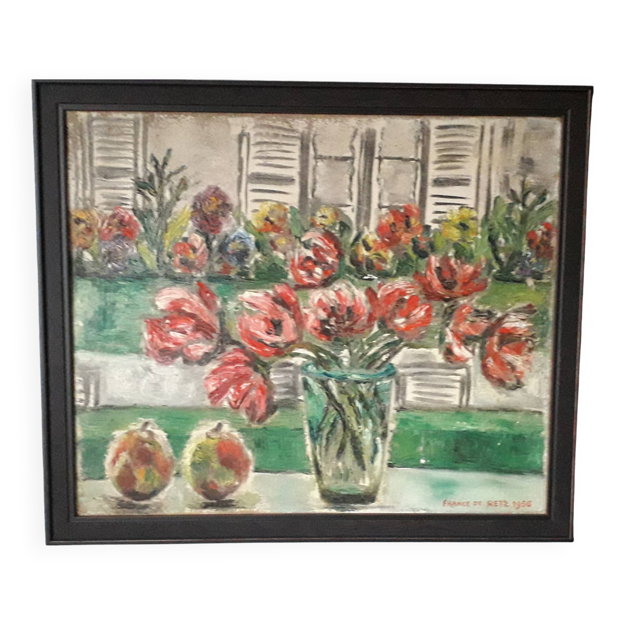 Antique oil painting depicting a still life