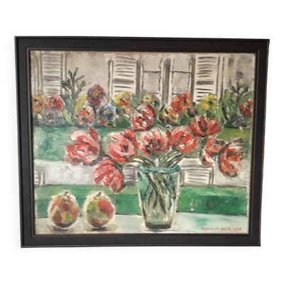 Tableau ancien à l'huile représentant une nature morte