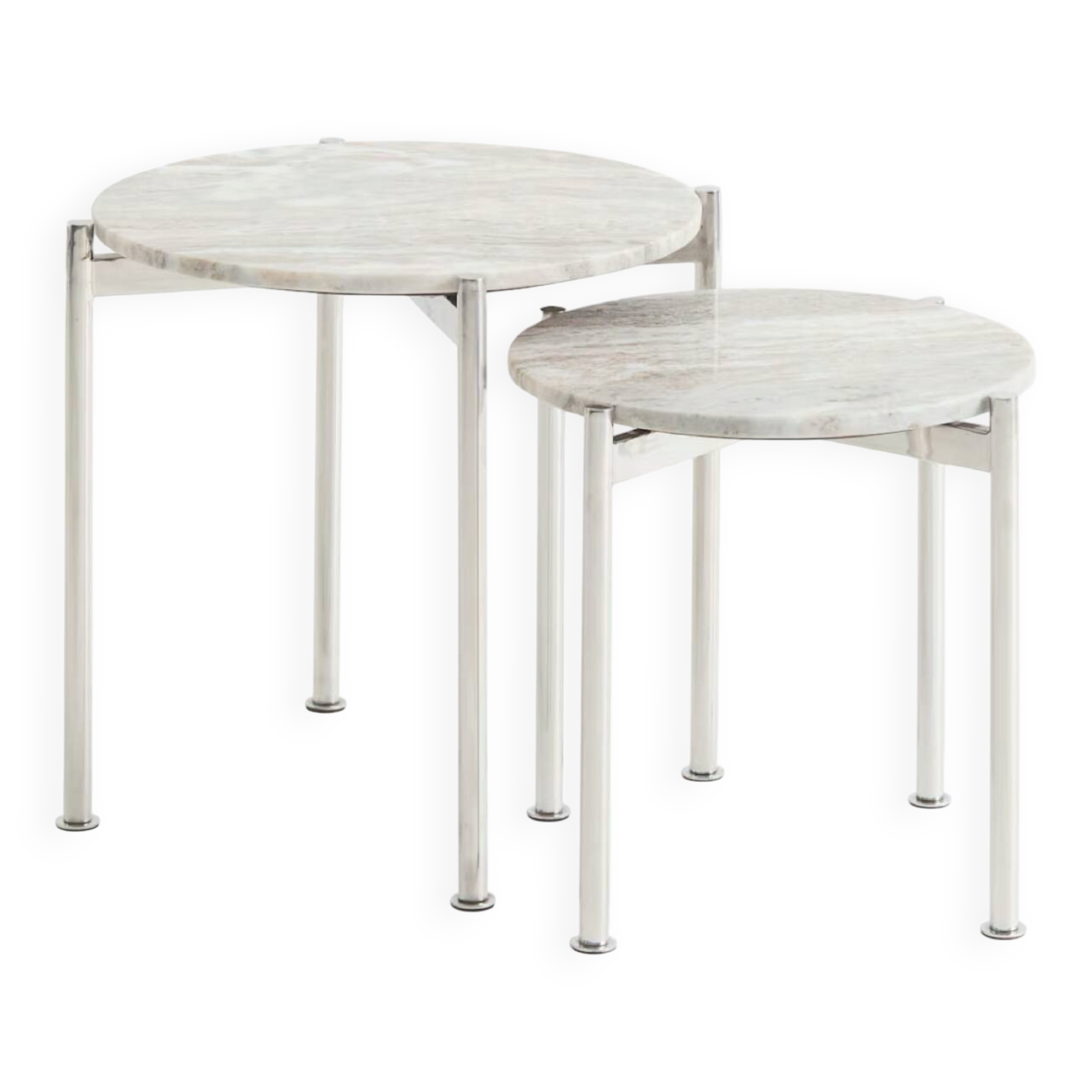 Round tables, side tables, coffee tables in marble and steel.