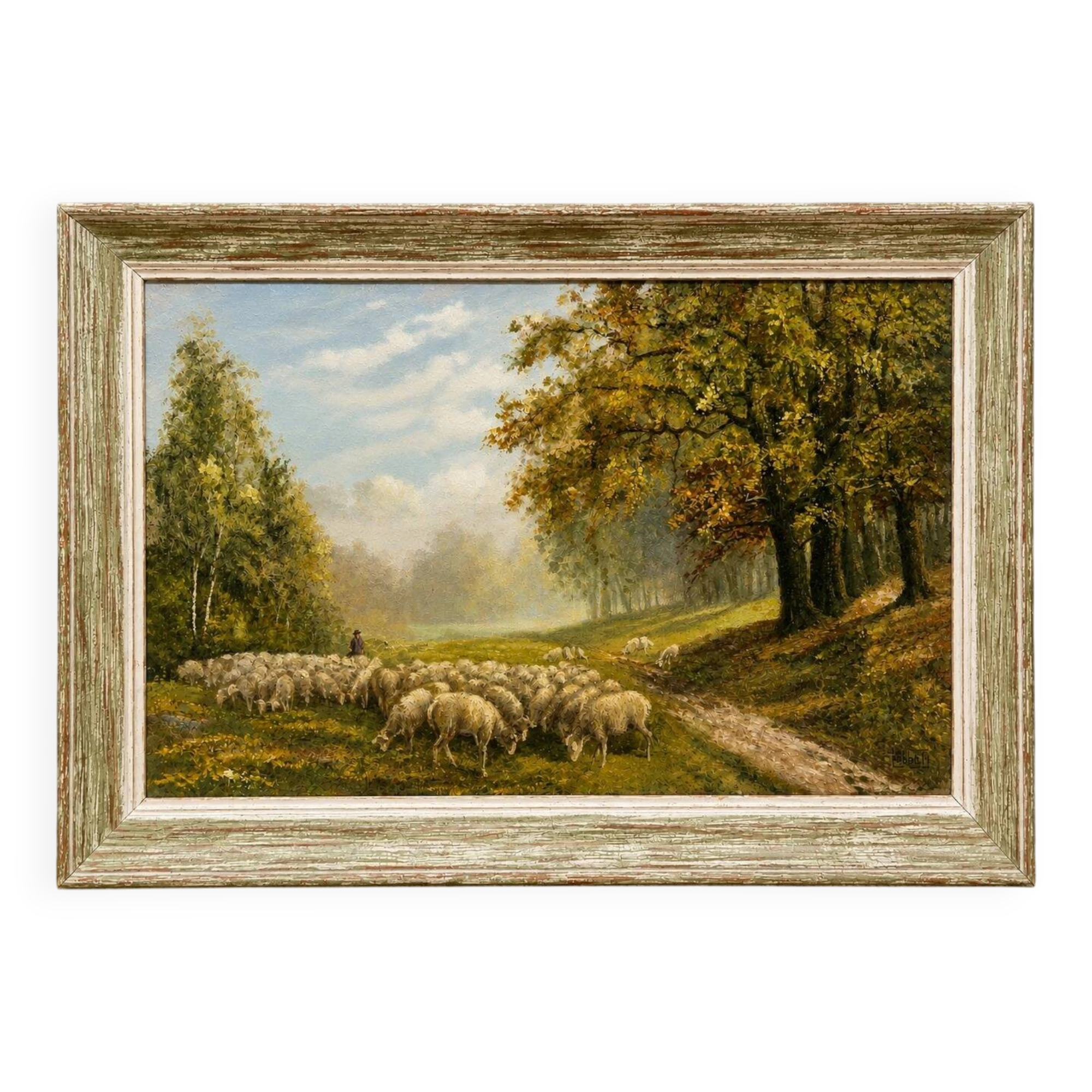 Oil on canvas depicting a flock of sheep.
