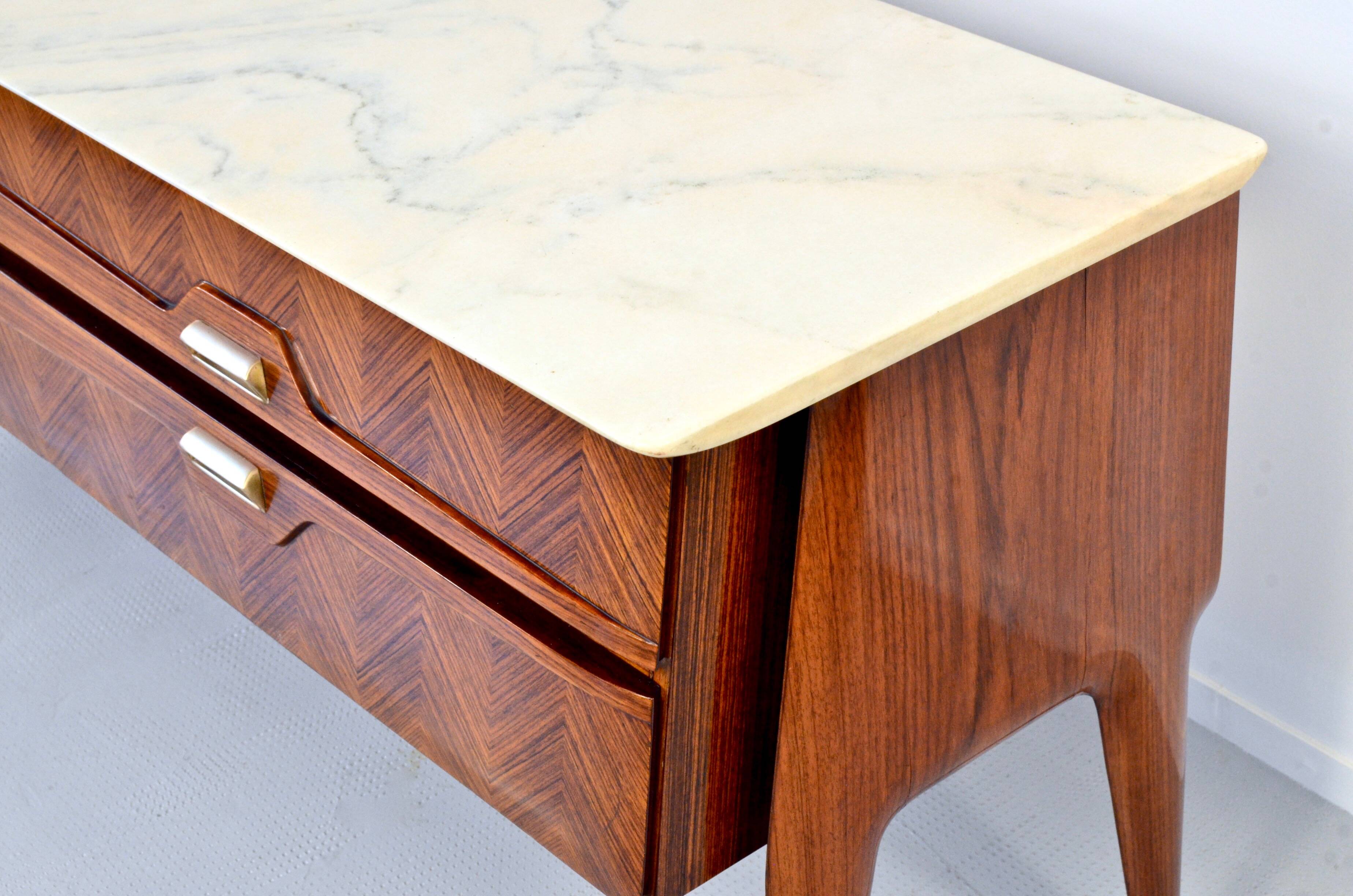 Italian Midcentury Sideboard in Rosewood, Carrara Marble and Brass