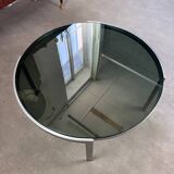 70s design round coffee table, metal and smoked glass