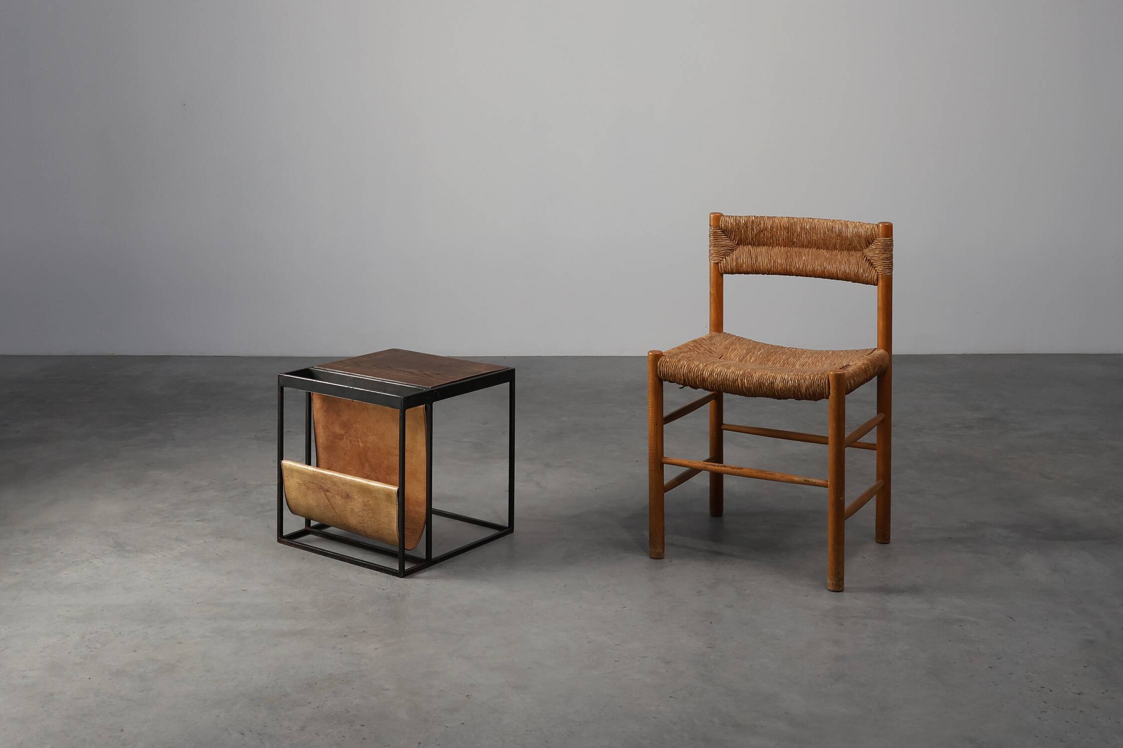 Mid-Century Magazine Holder in Metal, Wood and Leather, Belgium 1960s