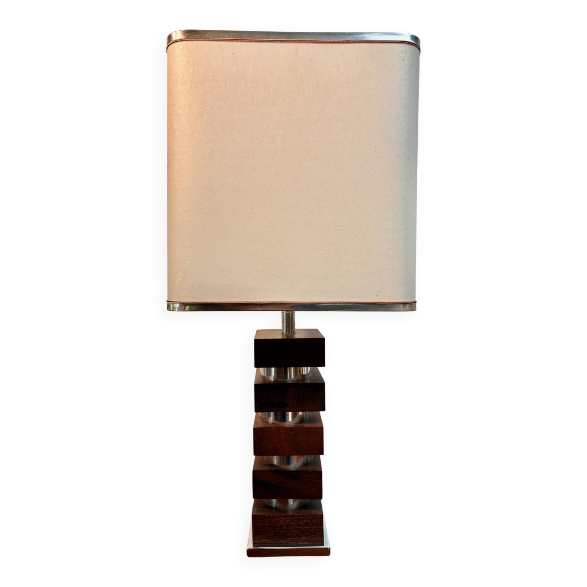 Large vintage architectural table lamp – Stacked Wood & Metal Base