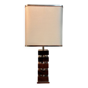Large vintage architectural table lamp – Stacked Wood & Metal Base