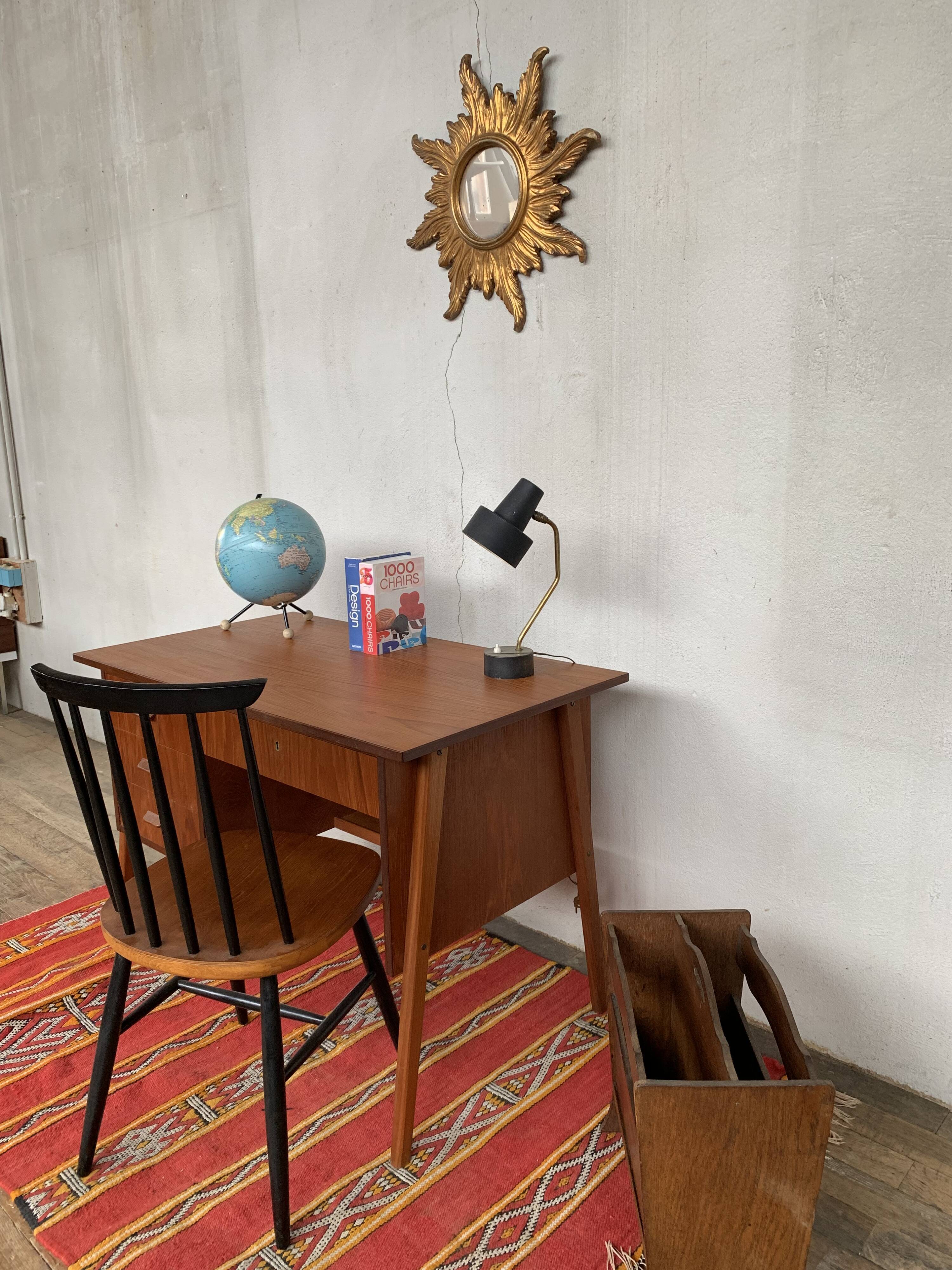 Bureau scandinave teck 1950 1960 vintage rétro ancien - pieds compas - 3 tiroirs - LEGRAND D