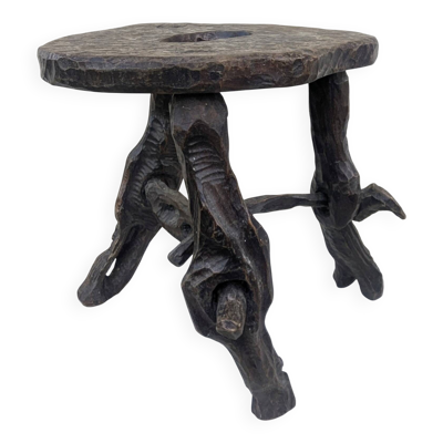 tabouret 50 60 brutaliste bois sellette  Sculpté Sculpture Mid century