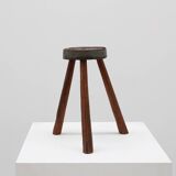 Brutalist French solid oak tripod stool with metal rim, 1850s