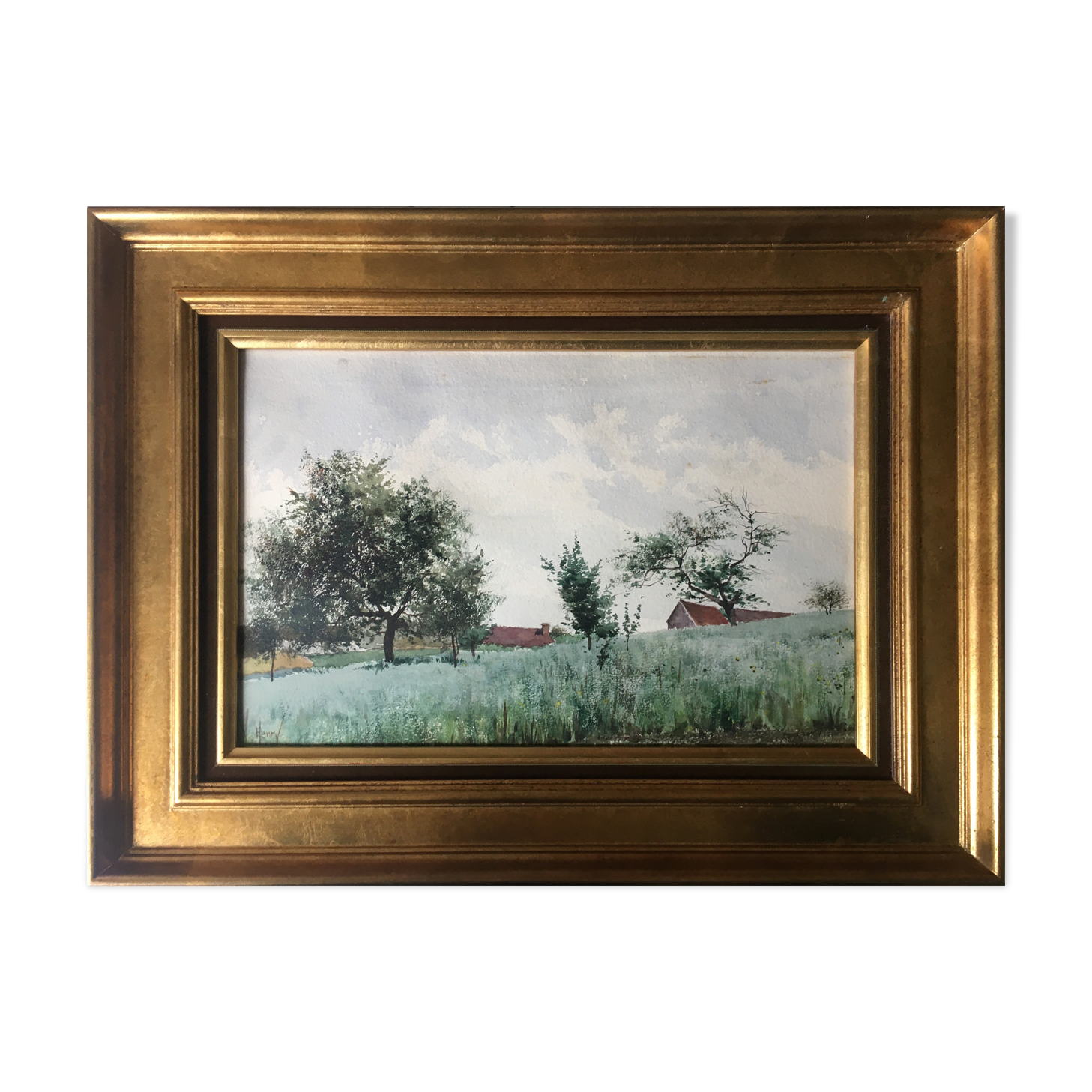 Watercolor signed Victor Henry (1855-1942) "The field of the village" with frame