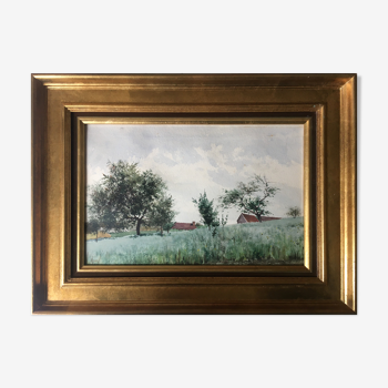 Watercolor signed Victor Henry (1855-1942) "The field of the village" with frame