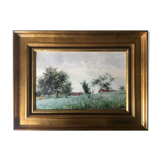 Watercolor signed Victor Henry (1855-1942) "The field of the village" with frame